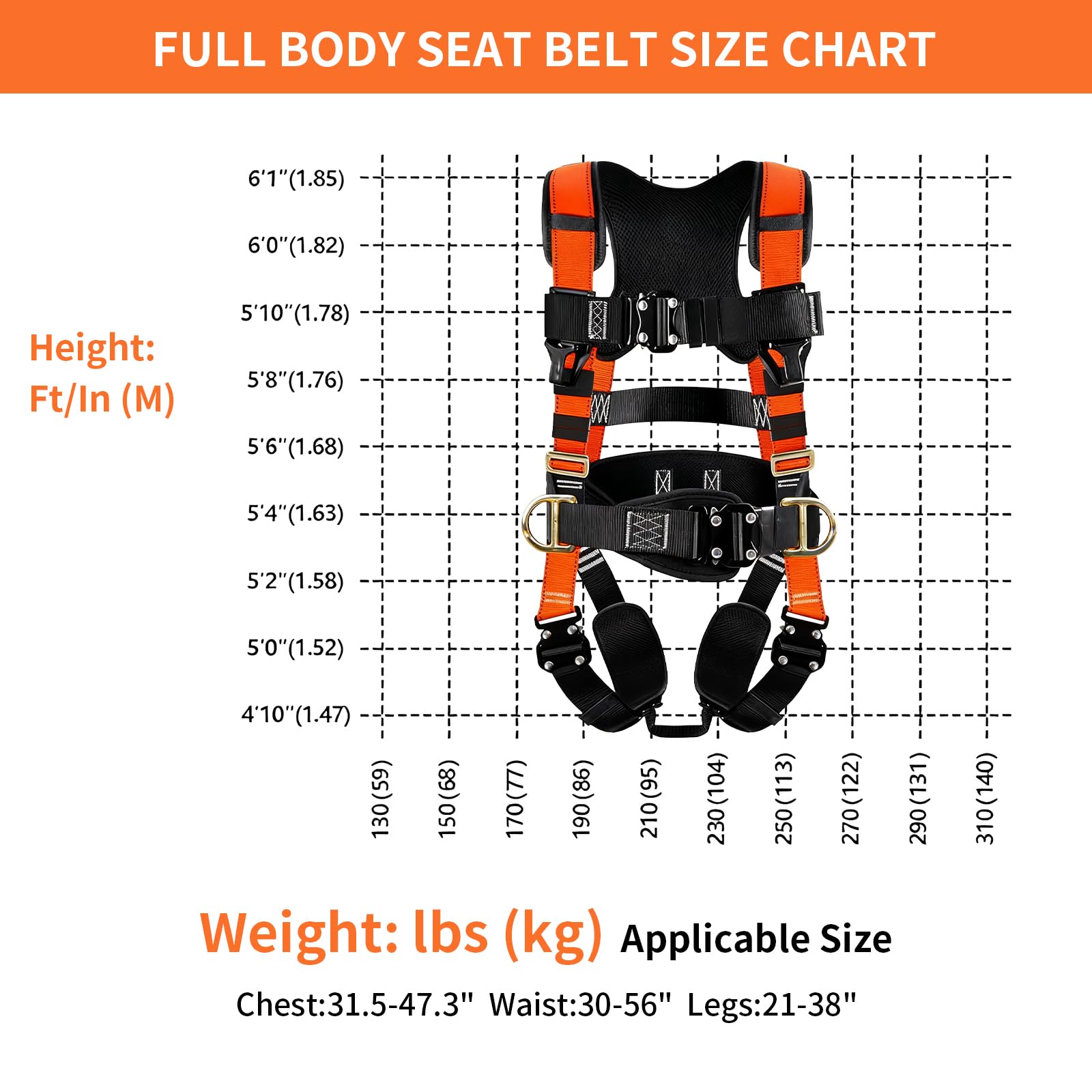 Sicherheitsgeschirr Fallschutz, Harness For Men Construction, Verdickte Lendenwirbelstütze, Fallschutz Auffanggurt(Orange) für Bergsteigen, Outdoor Baumklettern, Luftarbeiten