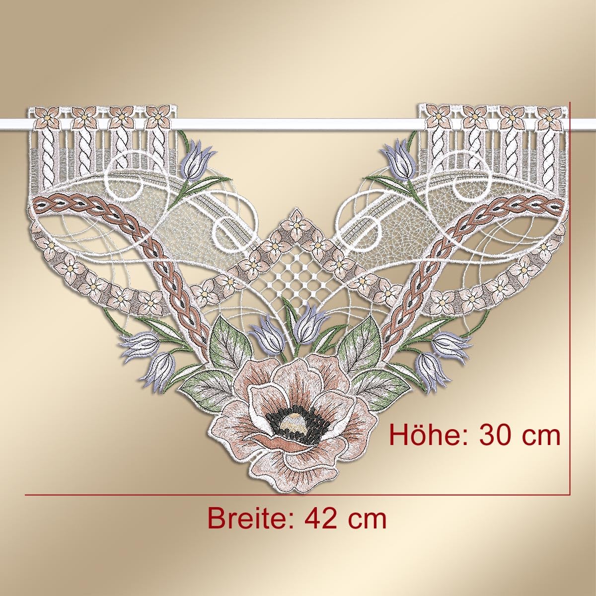 Scheibenhänger Anoki Echte Plauener Spitze Scheibengardine mit Mohnblüte in Pastell Klassische Spitzengardine mit Blumen 30 x 42 cm