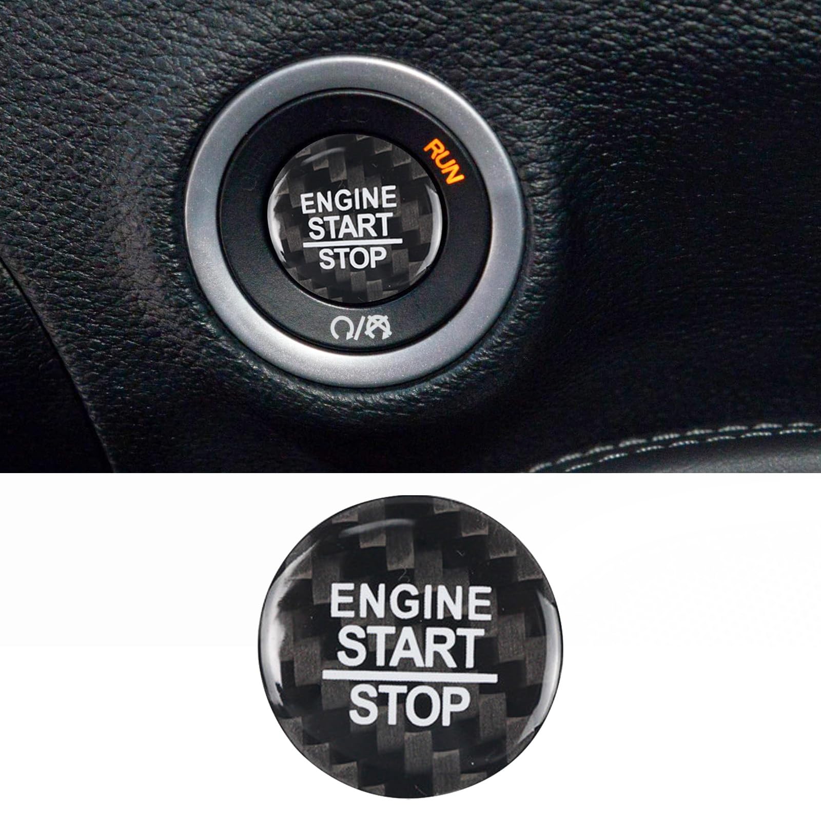 Compatible with Charger Challenger Engine Start Stop Button Cover Keyless One Click Push Start Button Trim Sticker for Durango Jeep Compass Grand Cherokee,Real Carbon Fiber(Black)