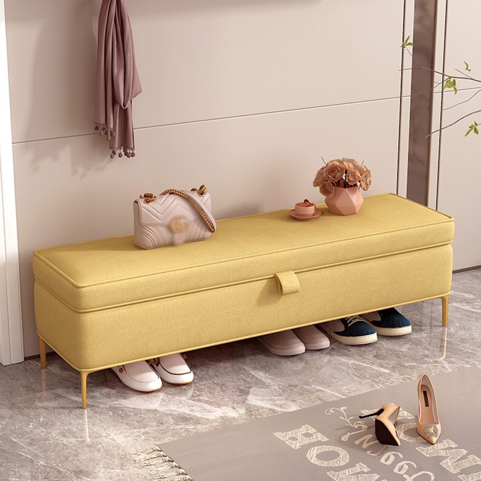 Banc de rangement à chaussures d'entrée avec coffre et siège jaune 60cm