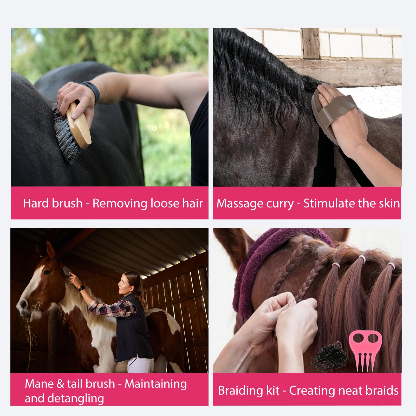 Pferdepflegeset, 13-teilig, Pferdebürsten für Fellpflege-Zubehör mit Tragetasche, Pferde-Bürsten-Set für effektive Fellpflege und Reinigung, Geschenk für Reiter Anfänger (Rosa)