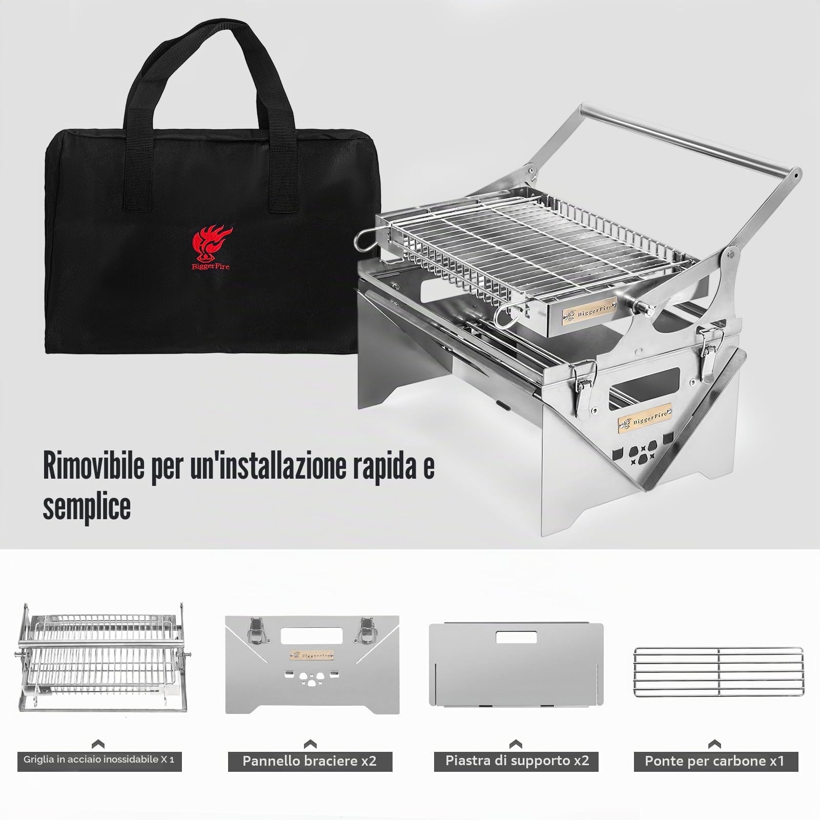 Griglia girevole a 360° in acciaio inox, portatile per campeggio e barbecue a carbone, griglia rimovibile per picnic, cortile e feste