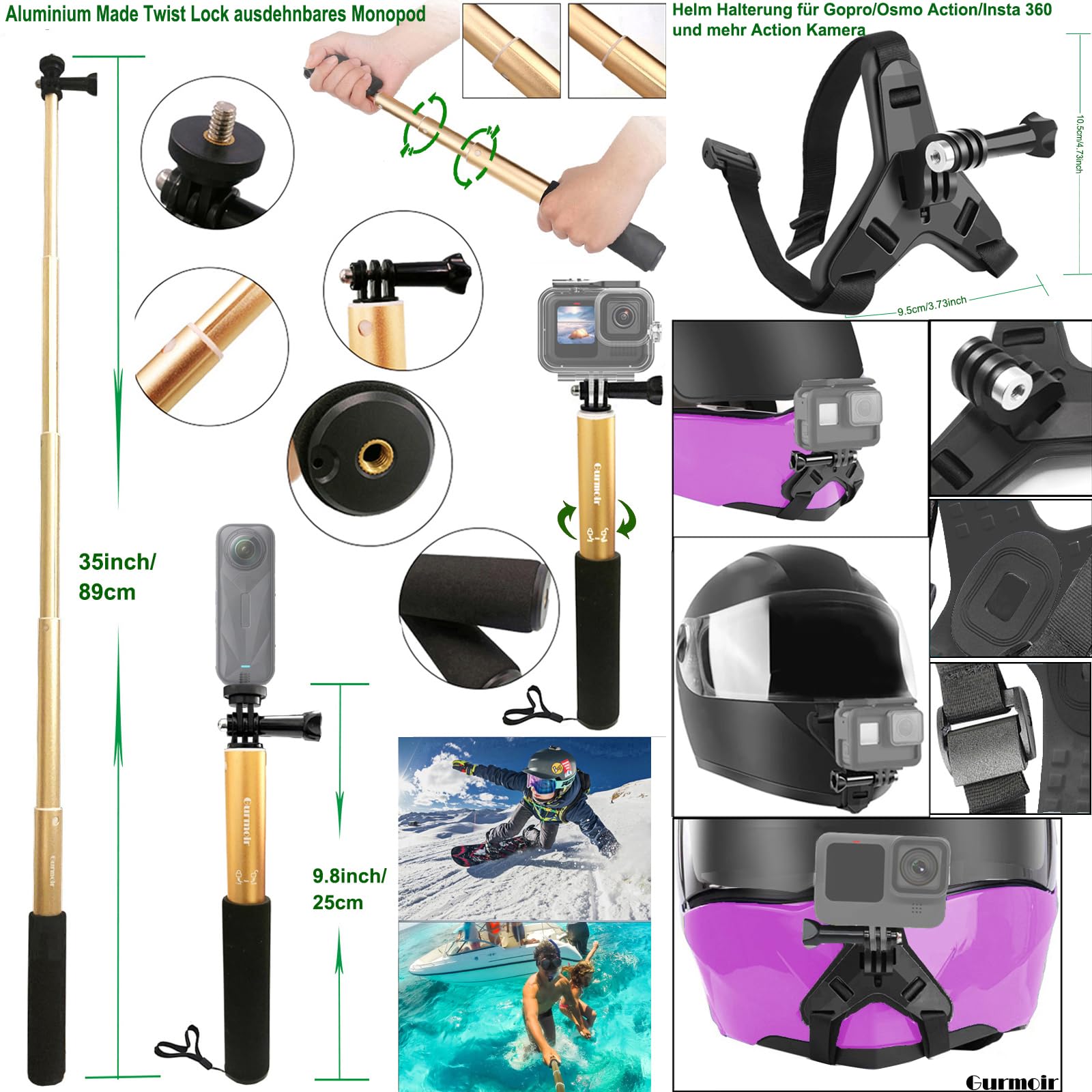 Zubehör Kit für Gopro Hero 13/12/11/10/9/8/7/6/Go Pro Max 2/DJI Osmo Action 6/5 pro/4/Insta 360 X5/X4 und mehr Action Kamera(DT18)