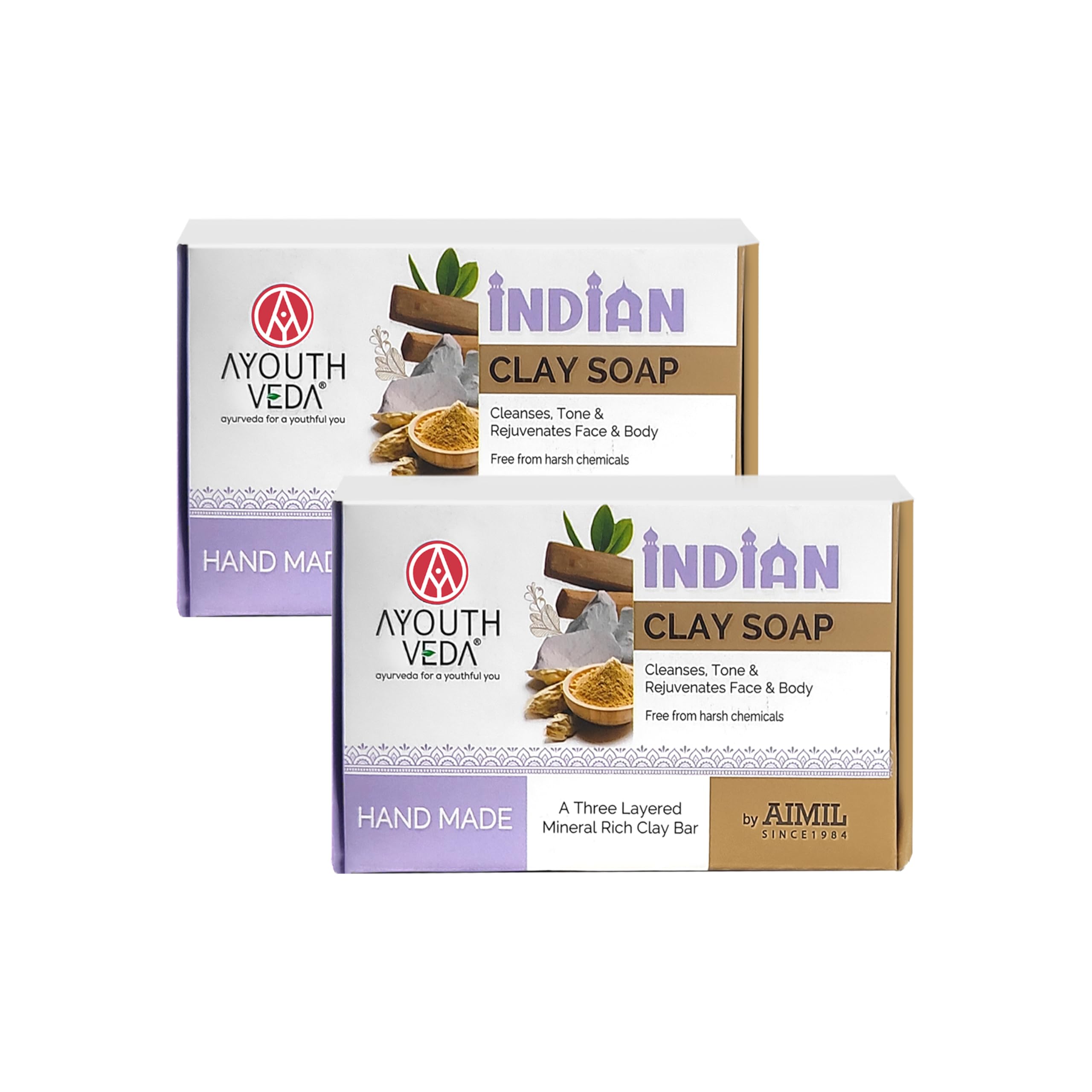 Ayouthveda Handmade Indian Clay Soap | Nourishes Protects & Hydrates Skin | A Three Layered Mineral Rich Clay Bar| Daily use Bar for Both Men & Women (Pack Of 2-110g each)