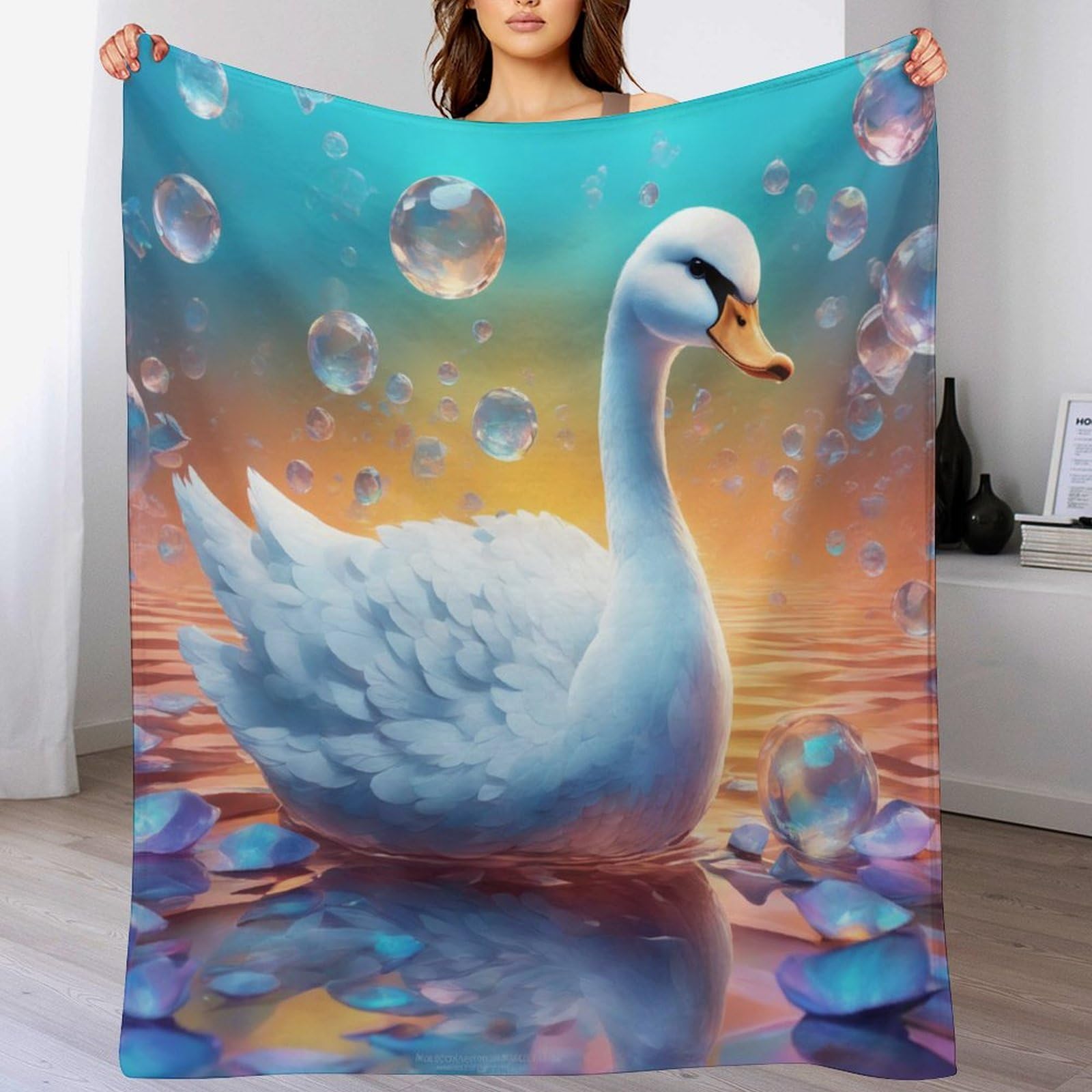 Couverture de lit flannel chaude et douce Cygne Plaid anti-décoloration pour chambre
