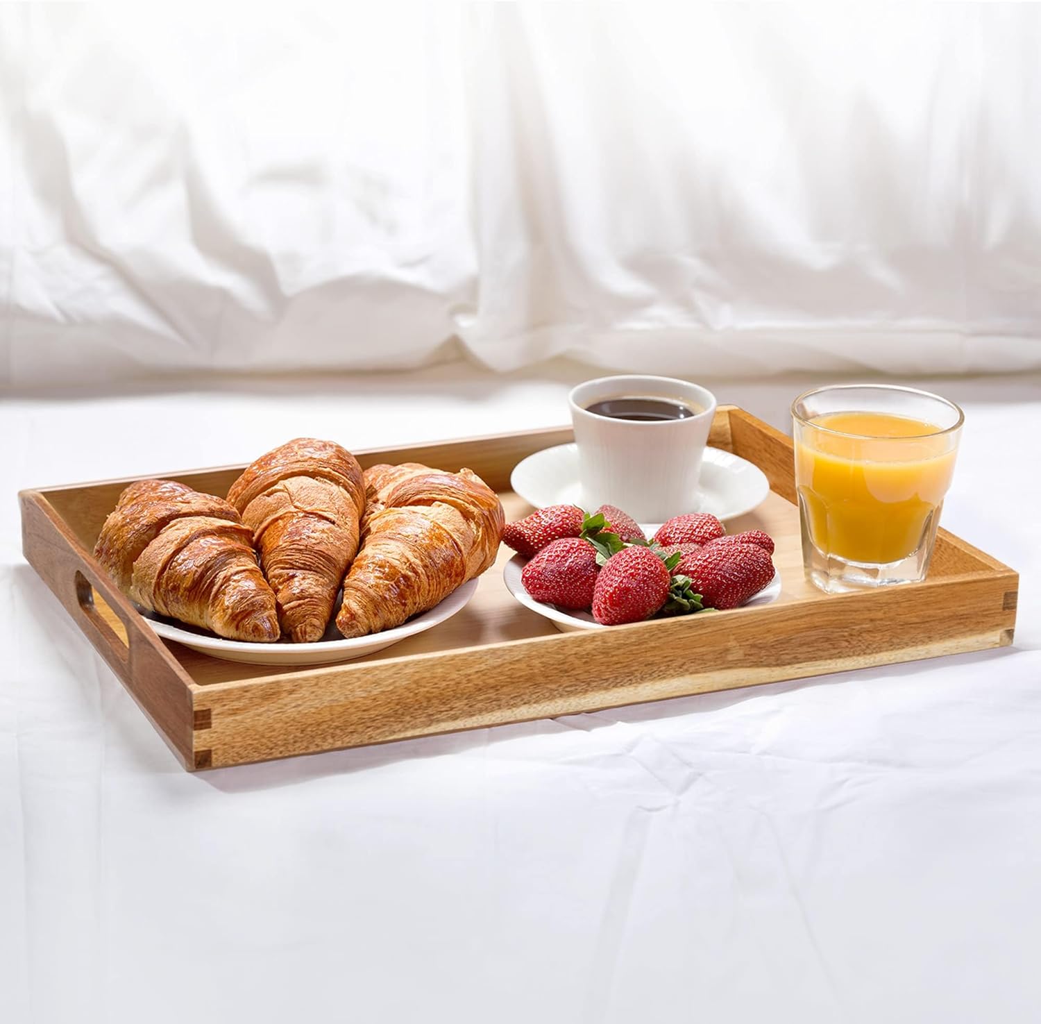 Acacia Wood Serving Tray with Handles - 17-Inch Decorative Wooden Tray - Perfect for Breakfast, Lunch, Dinner, Appetizers, Patio, Ottoman, Coffee Table - Durable Living Room and Couch Tray - Image 6