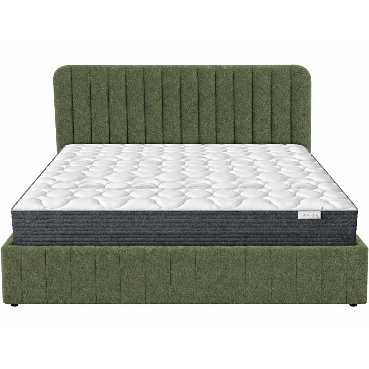 HOMIFAB Ensemble Lit Coffre Adulte 140x190cm avec tête de lit en Tissu bouclé Vert - Ava + Matelas mémoire de Forme - Memo HR