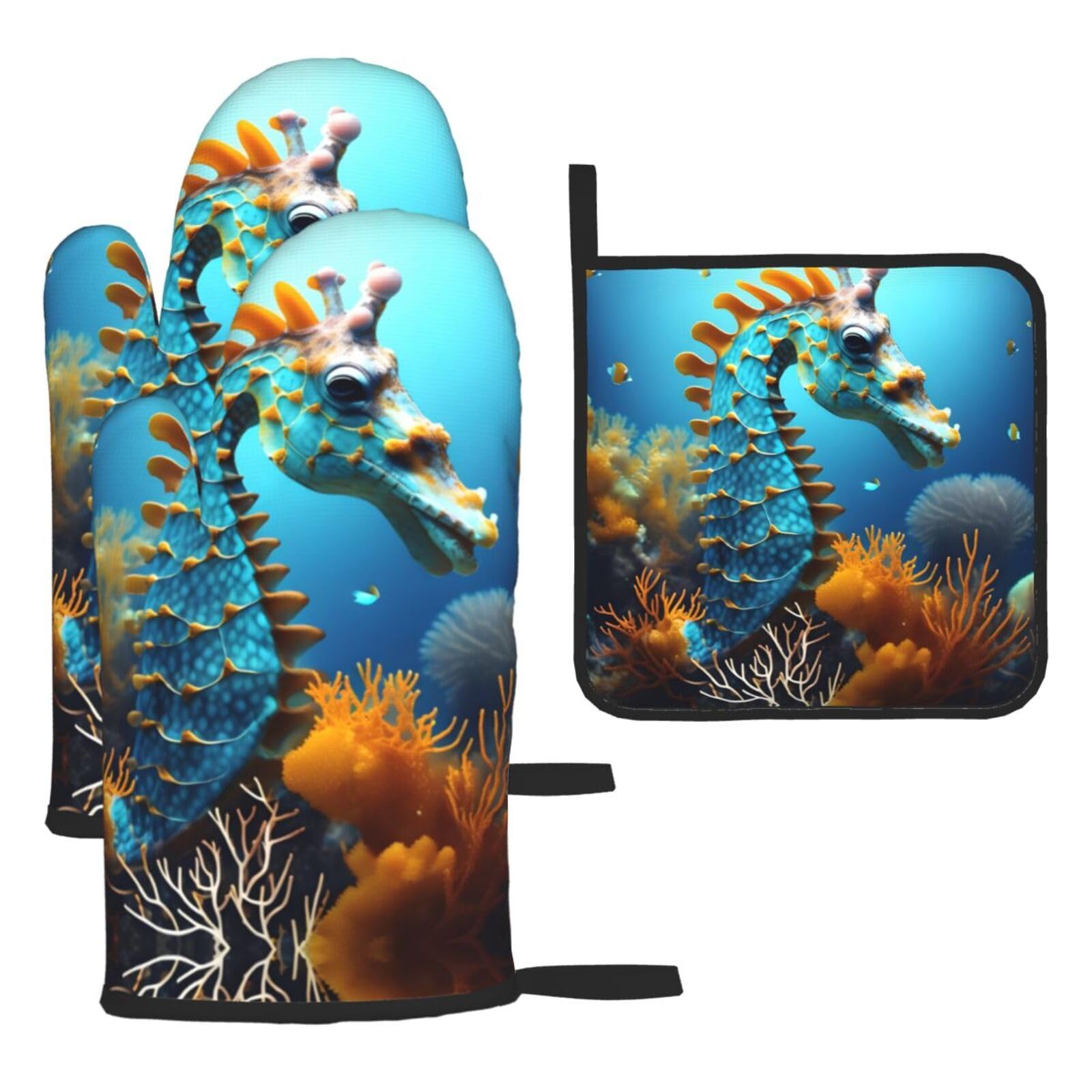 Blue Seahorse Printed Oven Mitt Set 3-Piece | Heat Resistant Gloves & Pot Holder Mat for Cooking, Baking & BBQ