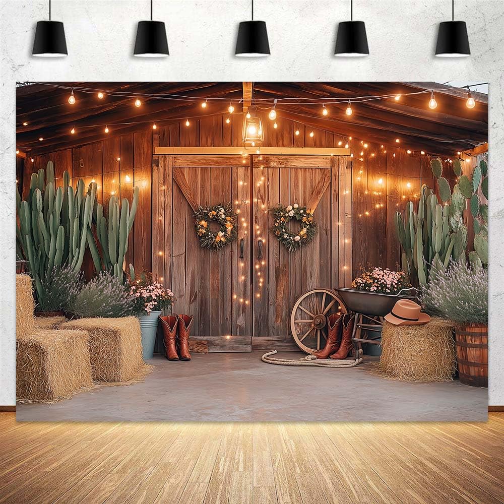 Western Cowboy Backdrop Western Party Decorations Wild West Vintage Wooden Rustic Wooden House Barn Photography Background for Kids Boy Children Boy