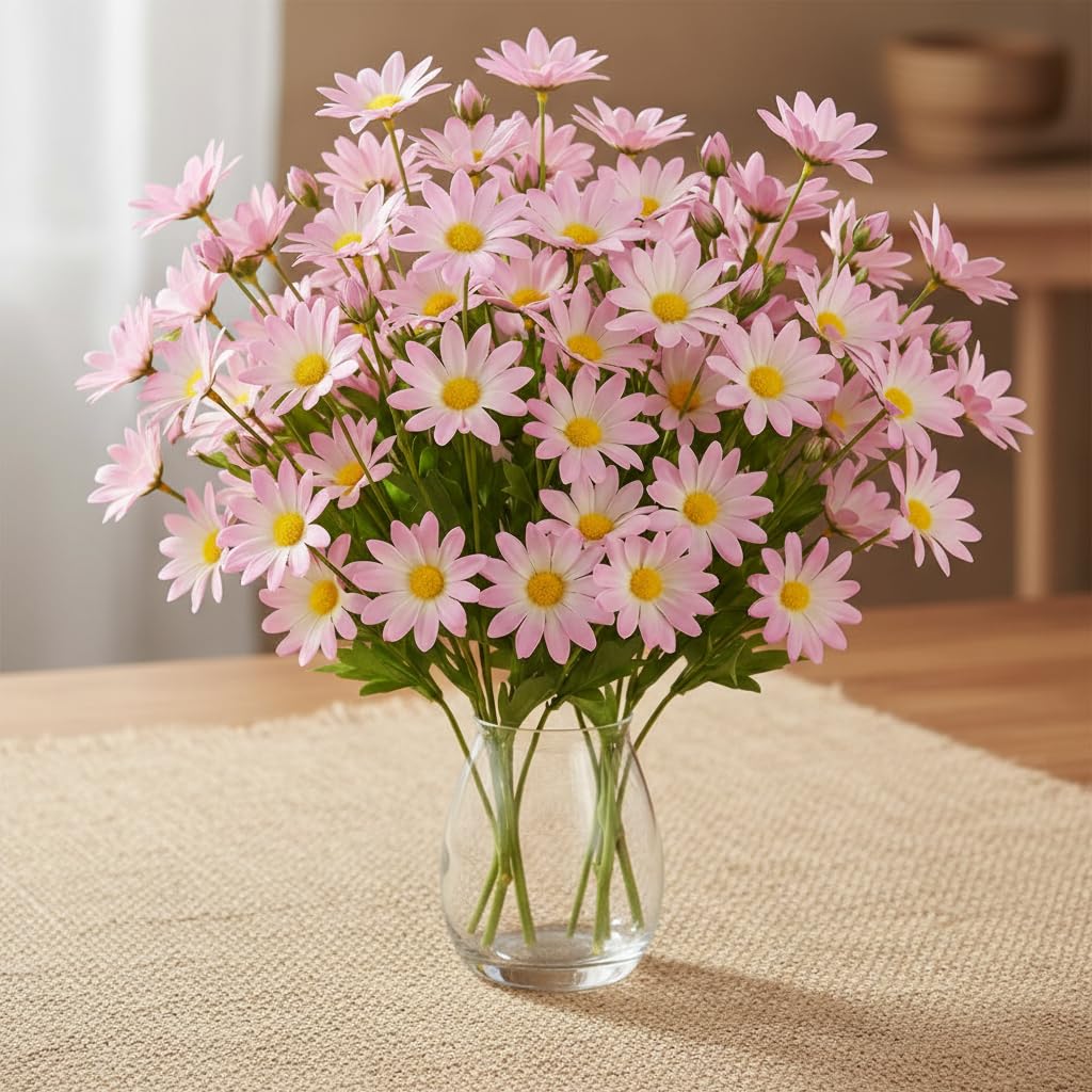 Artificial Daisy Flowers Plant – 42 Bloom 2 Stem Faux Flower Arrangement for Living Room Décor, Bedroom Decoration, Office Table, Hotel & Home Interior (Pink)-image-14