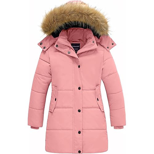 wantdo Girl's Winter Coat Long Puffer Jacket Fleece Parka with Hood Waterproof