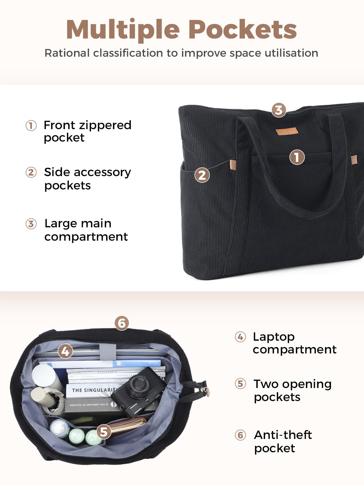 Bolsa Tote Bag Grande Bolsa de Playa Mujer, Bolso Shopper, Bolso Ordenador Portatil con Compartimento para Portátil de 17 Pulgadas, Elegante Bolsos Bandolera para Trabajo Escuela