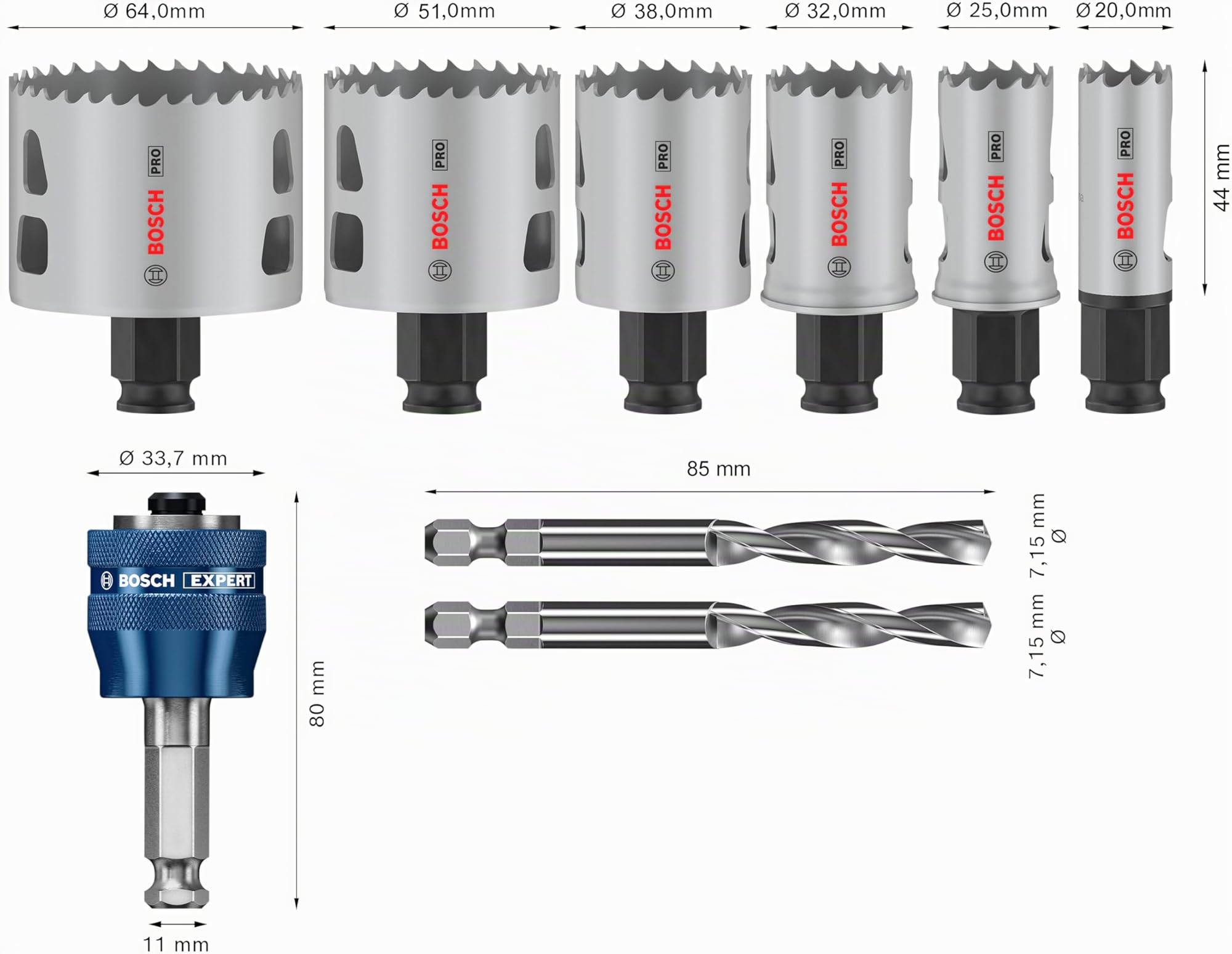Bosch Lot de 9 scies cloches Pro Multi Material Power Change Plus - Étui transparent (pour bois tendre, cloison sèche, Ø 20-64 mm, accessoires professionnels pour perceuse/visseuse)