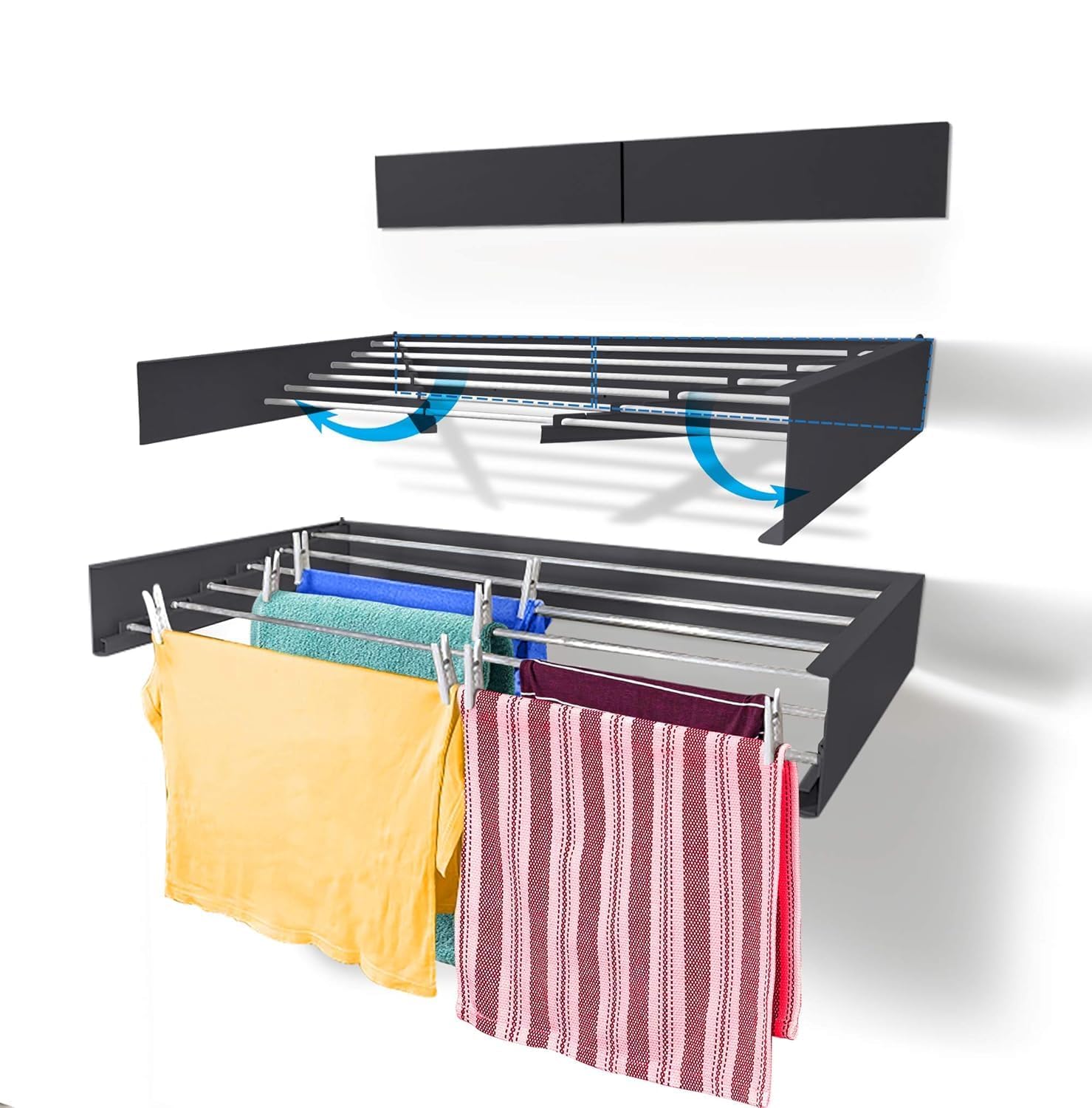 Heavy Duty 70cm Foldable Wall Mount Cloth Drying Stand in Balcony, Wall Hanger for Clothes (Industrial Gray) (Grey, 28 inch)-image-40