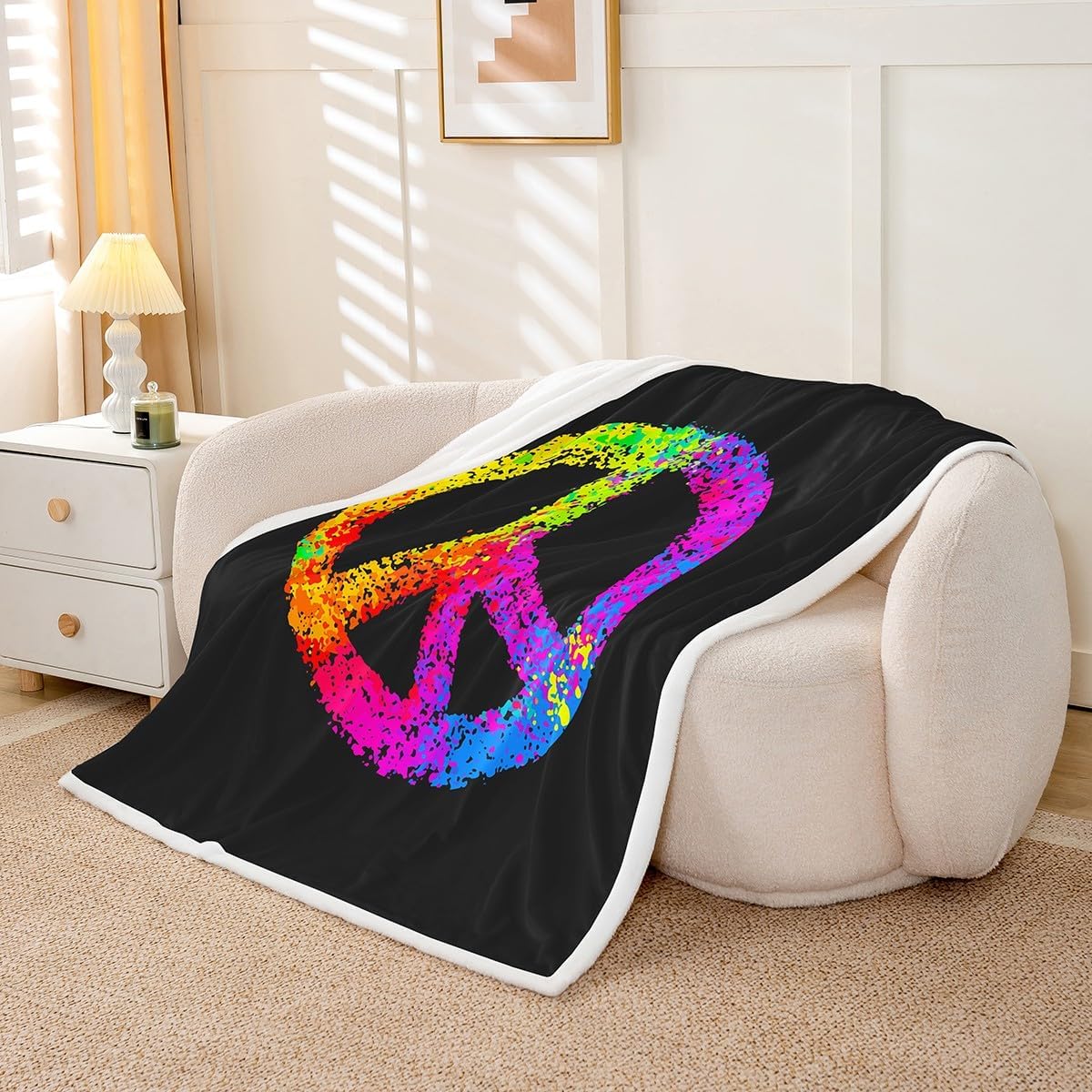 Feelyou Hippie Peace Art Sherpa Blanket Peace Sign Artwork for Couch Travel Sofa Colorful Tie Dye Fleece Rainbow Fuzzy Room Decor Plush 50"x60" - Image 2