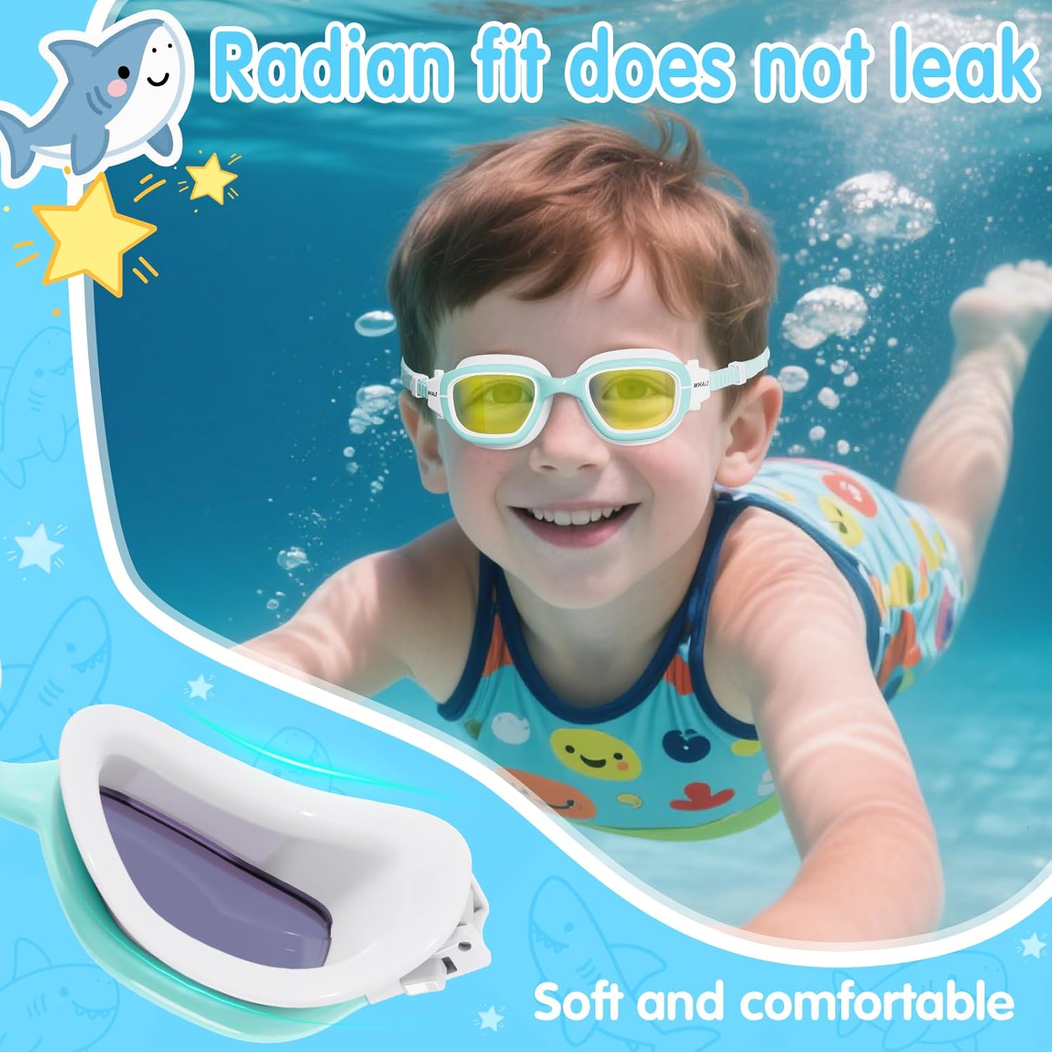 Whale Kids Swim Goggles Wear Comfortable UV400 Antifog Polarized Swimming Goggles Suitable for ages 3-14