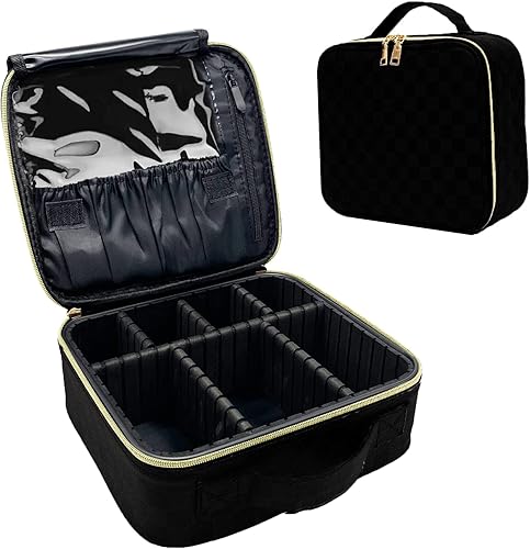 WIRIBEY Bolsa de maquillaje a cuadros, bolsa portátil con partición ajustable, bolsas de cosméticos para mujeres, artículos de tocador, bolsas