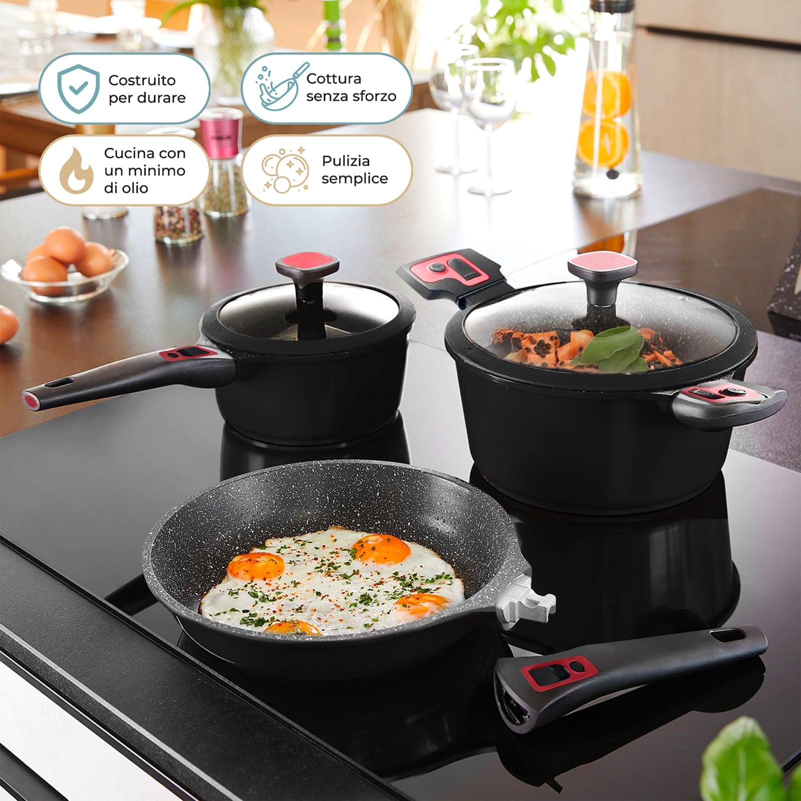 PARAMAISON Batteria Pentole e Padelle Antiaderenti, Set da 24 Pezzi con Mestoli, Coperchi in Vetro Temperato, Manico Removibile, Senza Pfoa | Nero