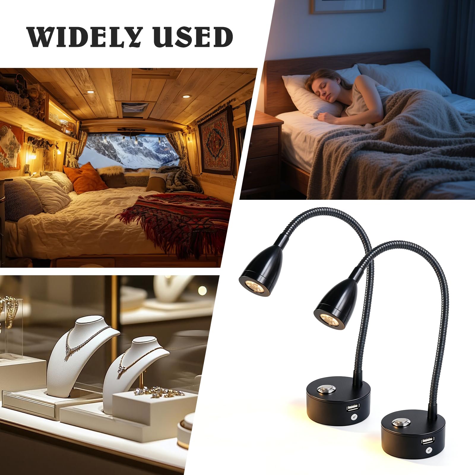 BYZESTY - Lámpara de lectura LED de 12 V, lámpara LED de 12 V, lámpara de lectura LED de 12 V, camping, lámpara de lectura de 12 V LED para autocaravanas y caravanas, 3 temperaturas, puerto USB