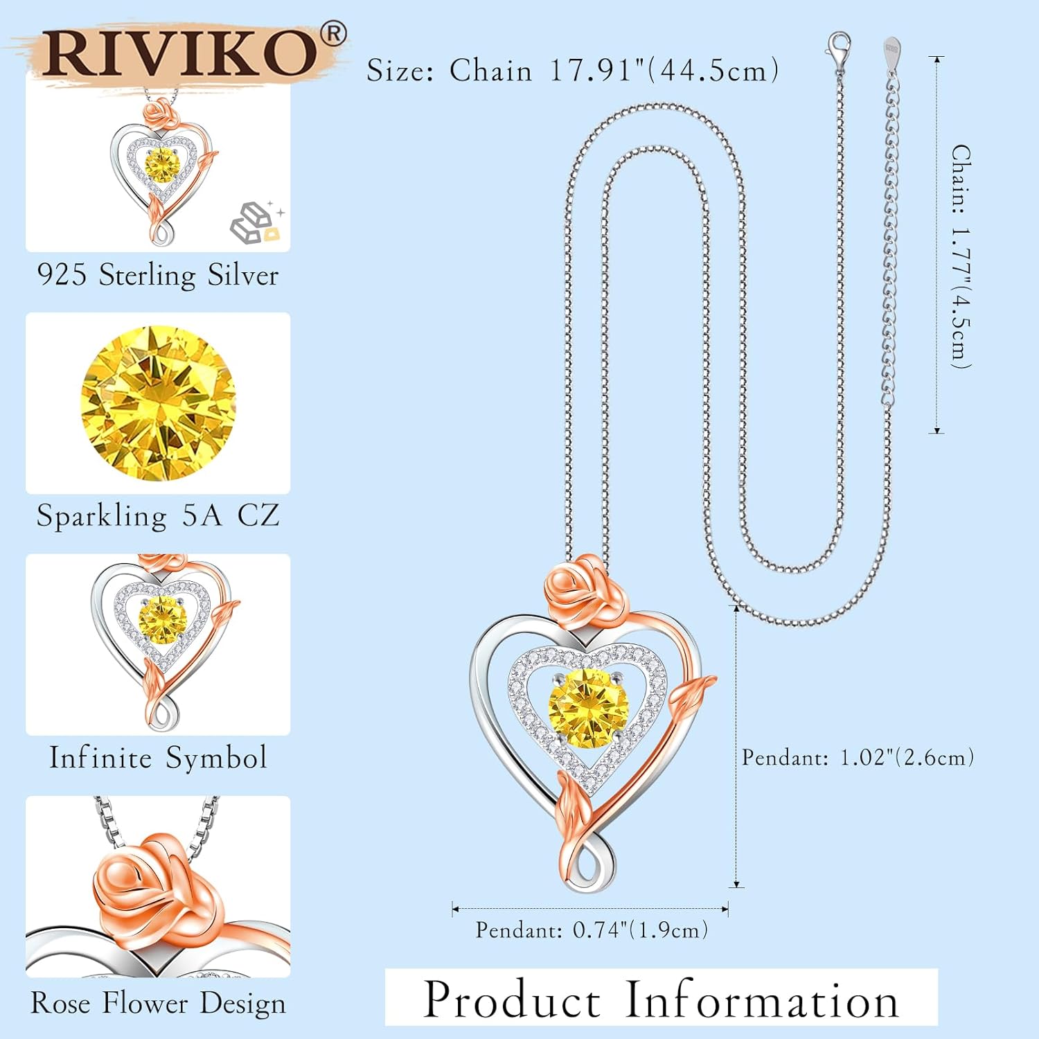 RIVIKO Infinity Heart Symbol Rose Birthstone Necklace for Women,925 Sterling Silver Heart Pendant Necklaces,Anniversary Valentines Jewelry Birthday Mothers Day Gifts for Mom Her Wife Women Girlfriend