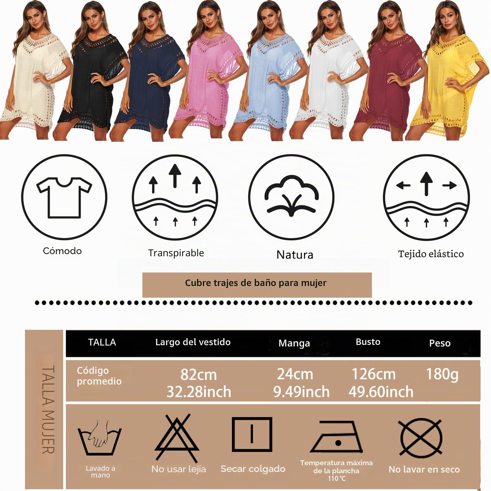 Baynetin Vestido de Playa para Mujer- Cuello en V, Manga Corta, Pareos y Camisola de Playa Sexy Hueco Traje de Baño Punto Bikini Cover up