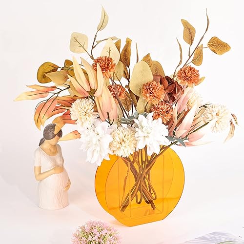 Miniatura 5 de Jarrón redondo naranja de boca ancha con arco geométrico acrílico, moderno jarrón decorativo para el hogar o boda, plástico irrompible, jarrón