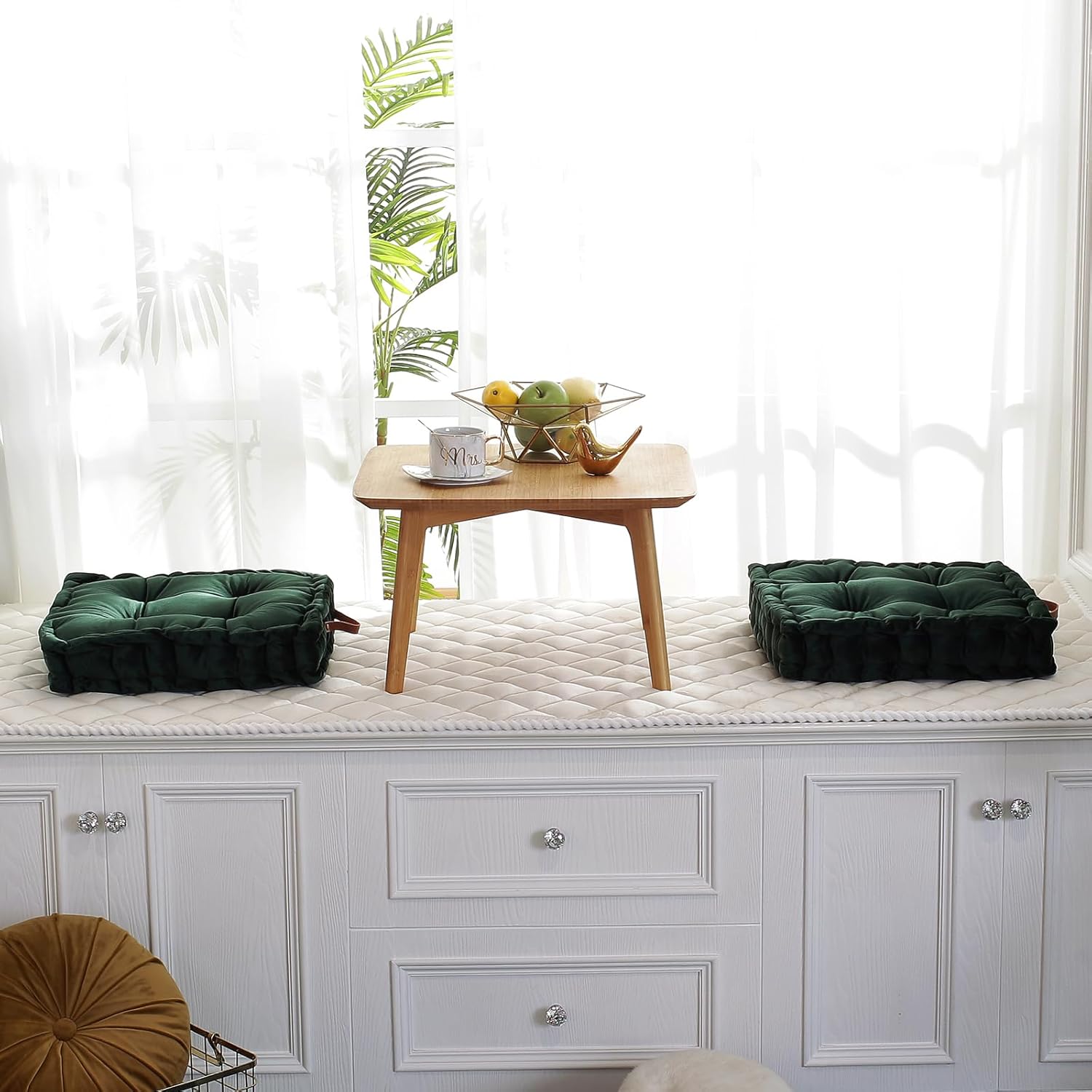 vctops Square Solid Color Velvet Seat Cushion with Handle Tufted Thicken Chair Pad Tatami Floor Pillow Cushion 16.5x16.5x4 Green