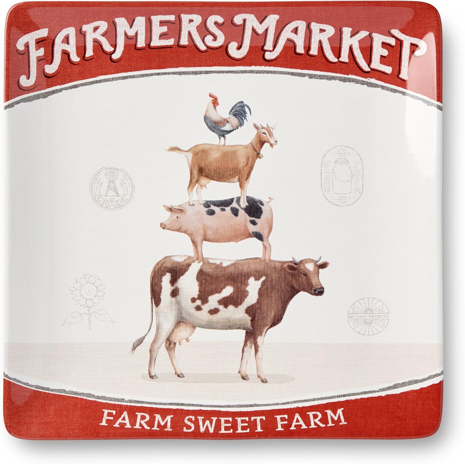 Vintage Farm 12.5-Inch Square Platter, Farmers Market Design with Farm Animal Motifs & Red Border, Durable Ceramic, Rustic Farmhouse Style, Perfect for Appetizers, Meats & Desserts