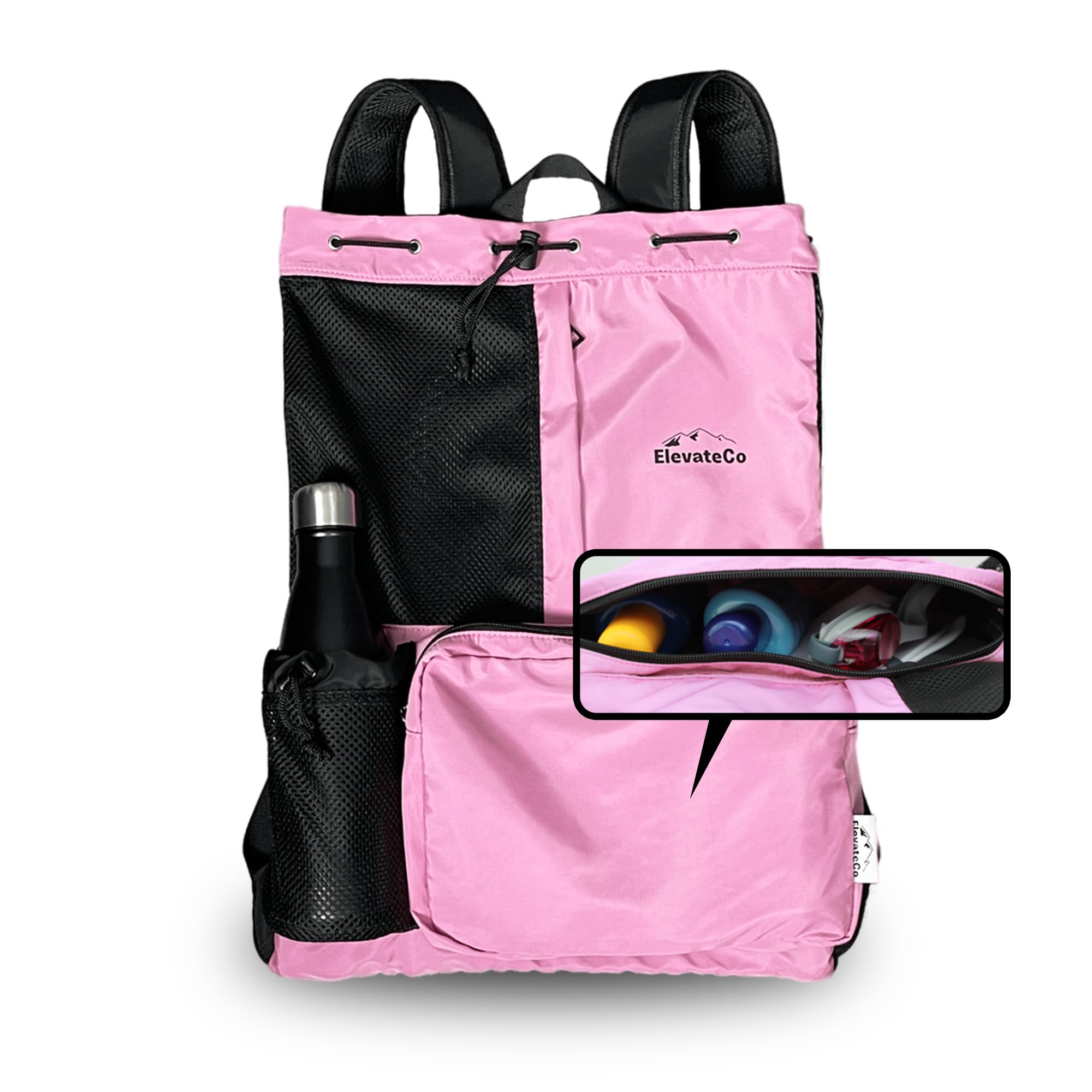 ElevateCo Swim Bag Mesh Drawstring Backpack with Wet Pocket for Swimming, Gym, and Workout Gear (Pink)