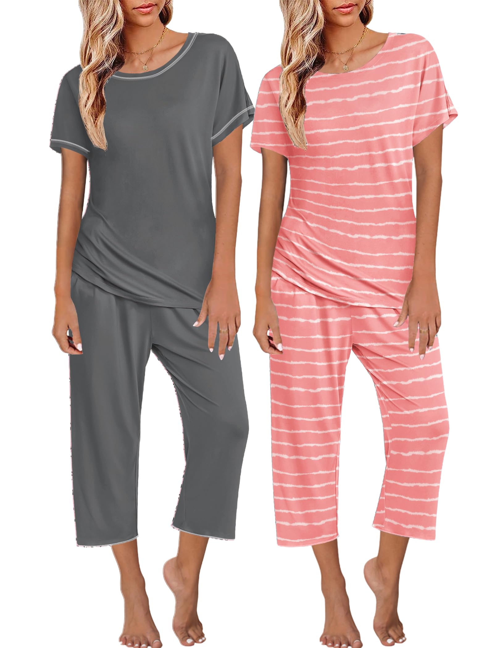 Ekouaer 2 Pack Womens Pajamas Sets Short Sleeve Tops and Capri Pants Pjs Colorful Printed Sleepwear Sets