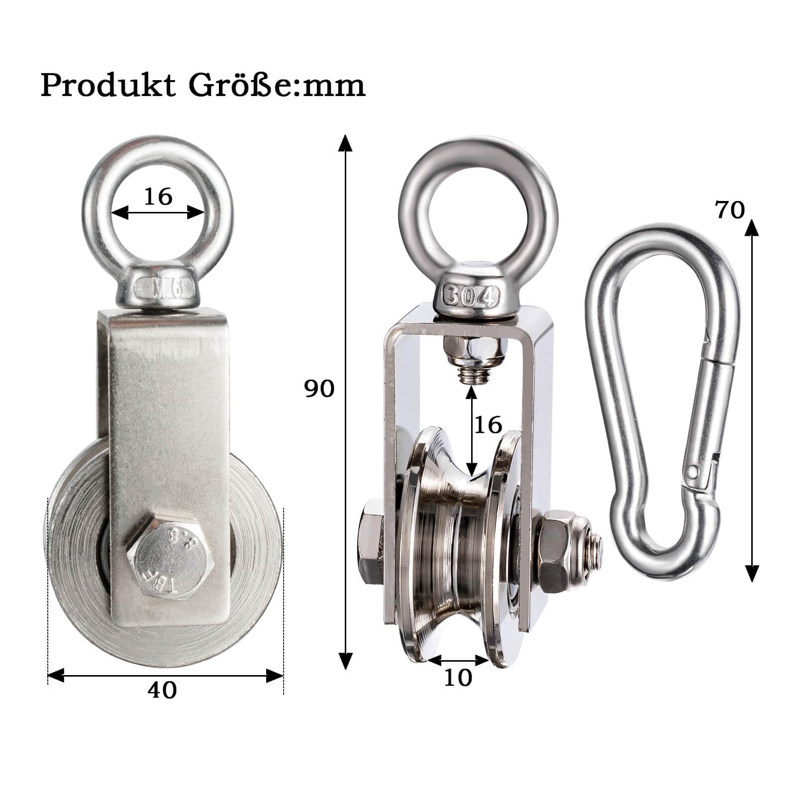 40mm Umlenkrolle mit 2 Kugellager, Edelstahl Fitness flaschenzug mit 10m Nylon Seile und Clip，Umlenkrollen für 8mm Seile Stahlseil, Tragkraft 200kg