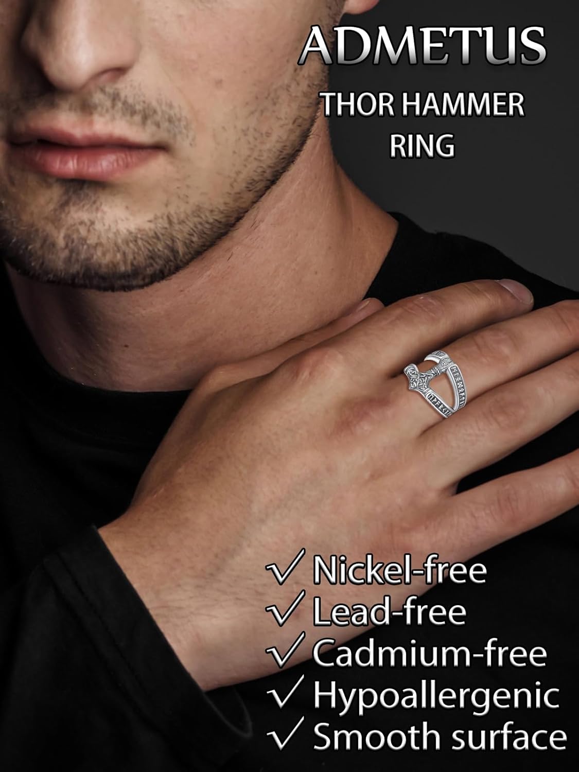 ADMETUS 925 Sterling Silver Thor Hammer Rings Mjolnir Ring Norse Runes Viking Jewelry Protection Gifts for Men Rings Size 6-15 - Image 5