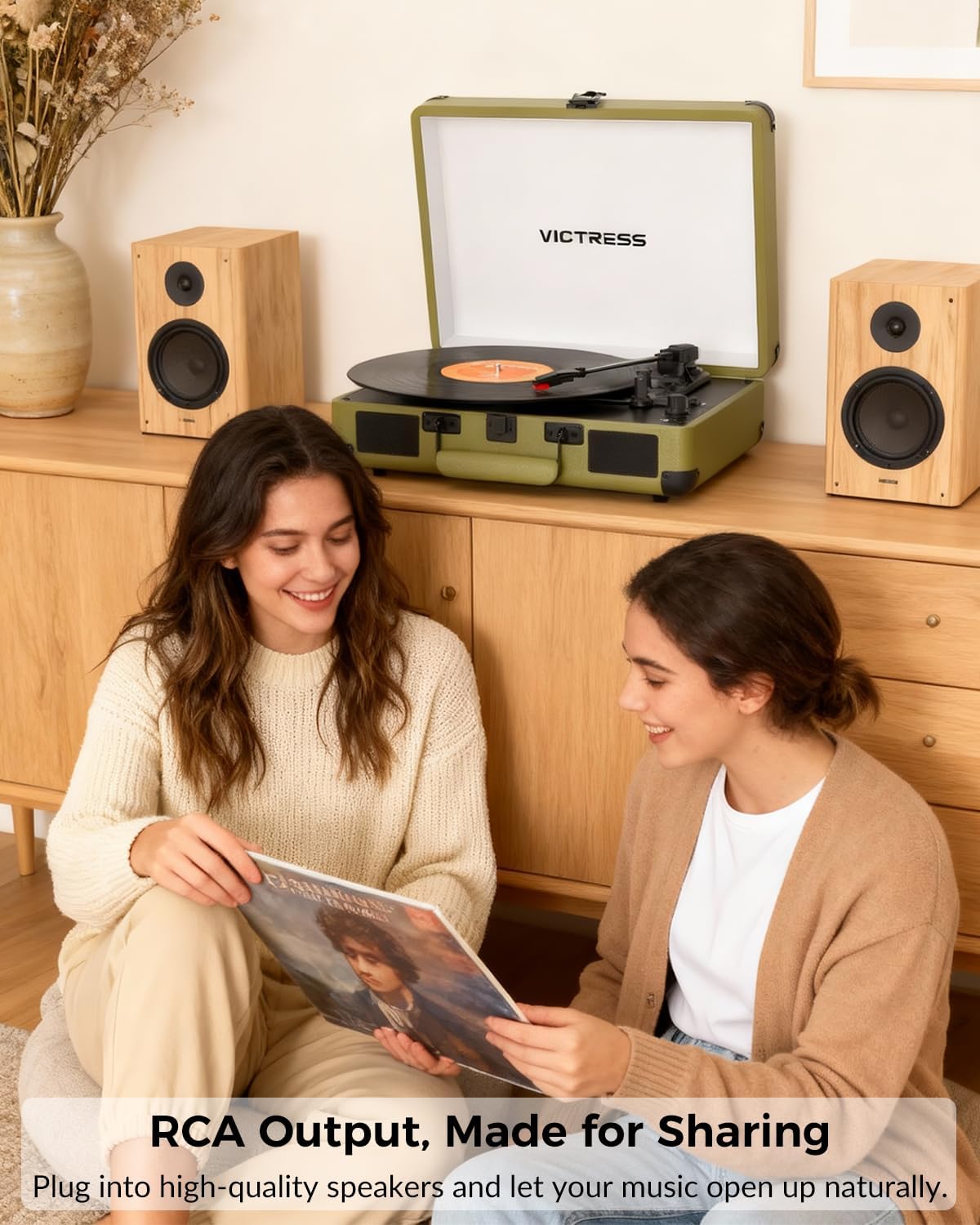 Vinyl Record Player with Bluetooth in/Out, Retro Portable Suitcase Record Player, 3-Speed LP Turntable with USB Vinyl to MP3 Conversion, Stereo Speakers, RCA & Headphone Jack, Olive Green