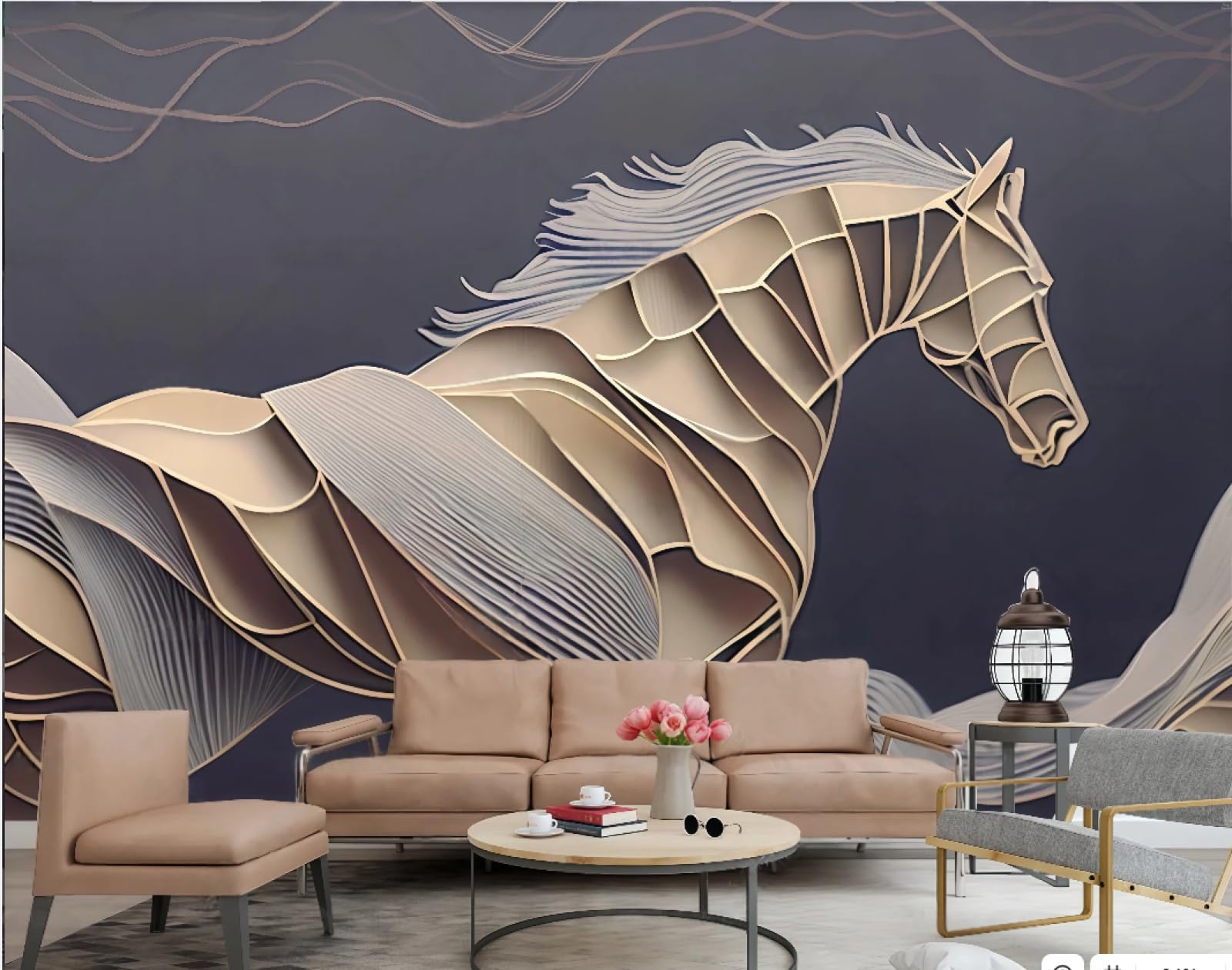 Nowoczesna trójwymiarowa tapeta wycinana linia konia wypukła beżowa fala obraz TV sofa tło tapeta ścienna salon restauracja kawiarnia ścienna, 3D, 200x140 cm