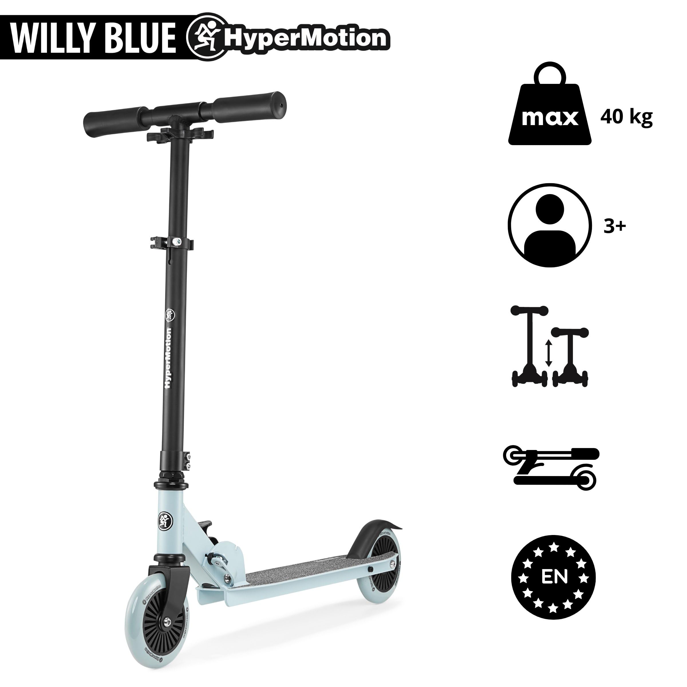 HyperMotion Monopattino Bambini 3-8 Anni, Modello WILLY a 2 Ruote, Manubrio Regolabile e Pieghevole, Pedana Antiscivolo, Ruote in Gomma, Portata 40 kg, Nero/Blu