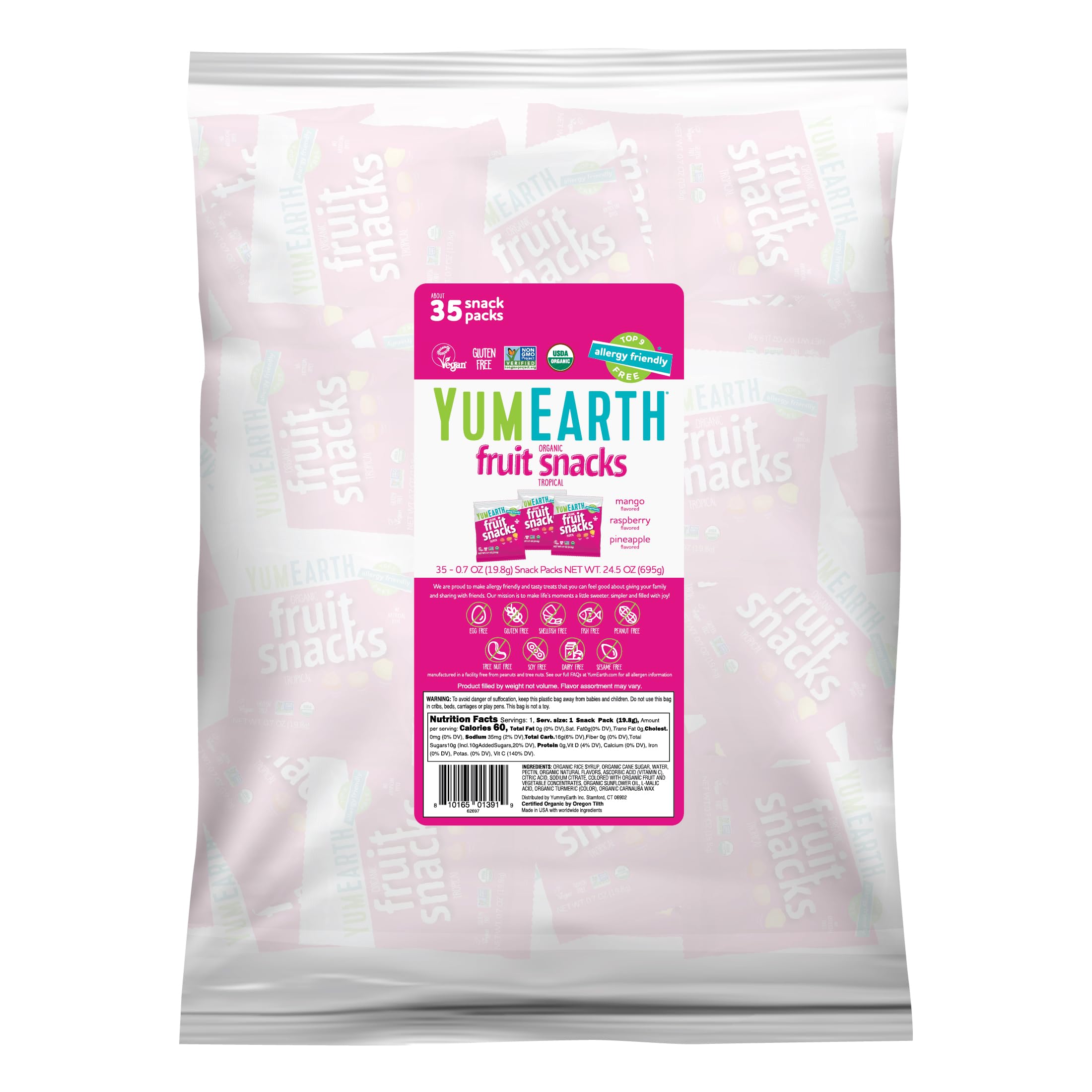 - YumEarth Organic Tropical Fruit Snacks (Pack of 35) - 0.7 Ounce Snacks Packs - Non GMO, Gluten Free, Vegan, Dye Free - Pineapple, Raspberry, Mango