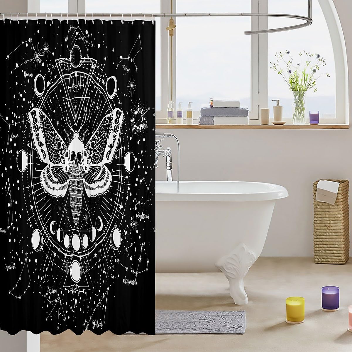 Gothic Decor Shower Curtain Boys Boho Moth Bath Curtain Men Gothic Sugar Skull Shower Stall Curtain Galaxy Starry Sky Halloween Gothic Curtain For Kids Girls Women, Black White 72" W x 78" L