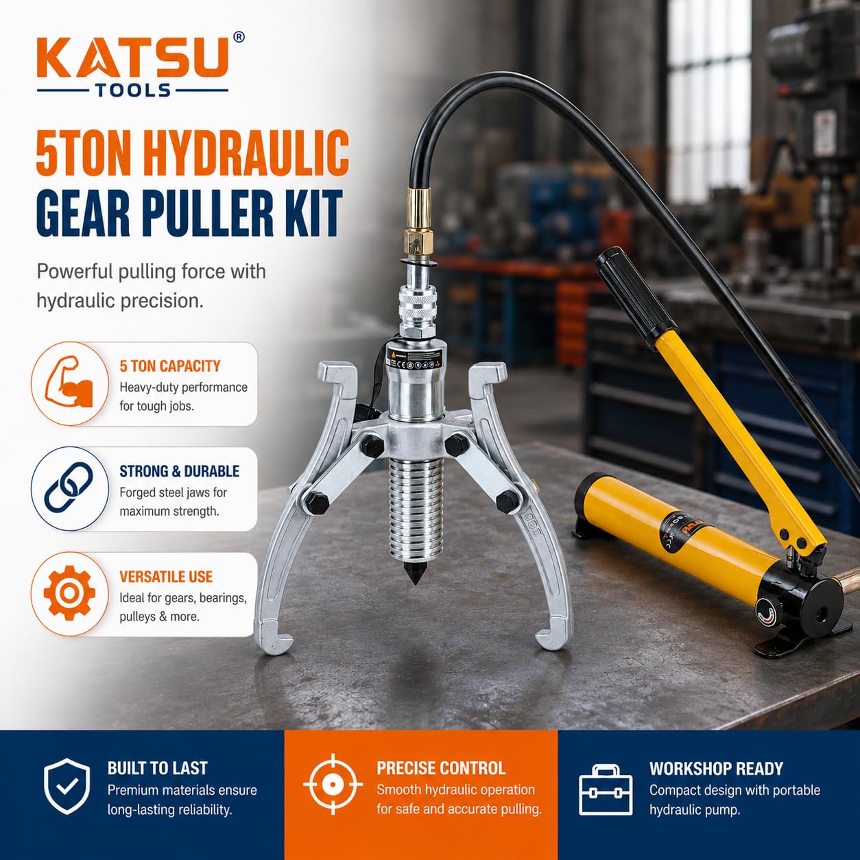 KATSU Estrattore Idraulico per Ingranaggi 5 Ton con Pompa Manuale, Split-Unit Puleggia Idraulica Manuale Estrattore Cuscinetto Mozzo Ruote Seperatore del Motore 450580
