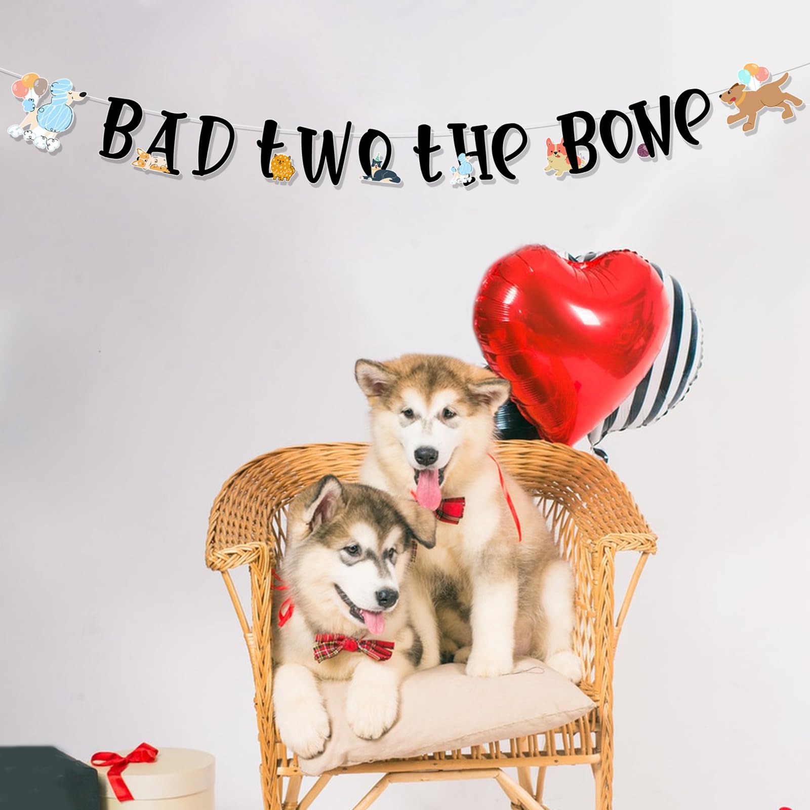 Bad Two The Bone Dog Birthday Banner - Rose Gold Glitter Puppy 2nd Birthday Party Decorations Pre-Assembled