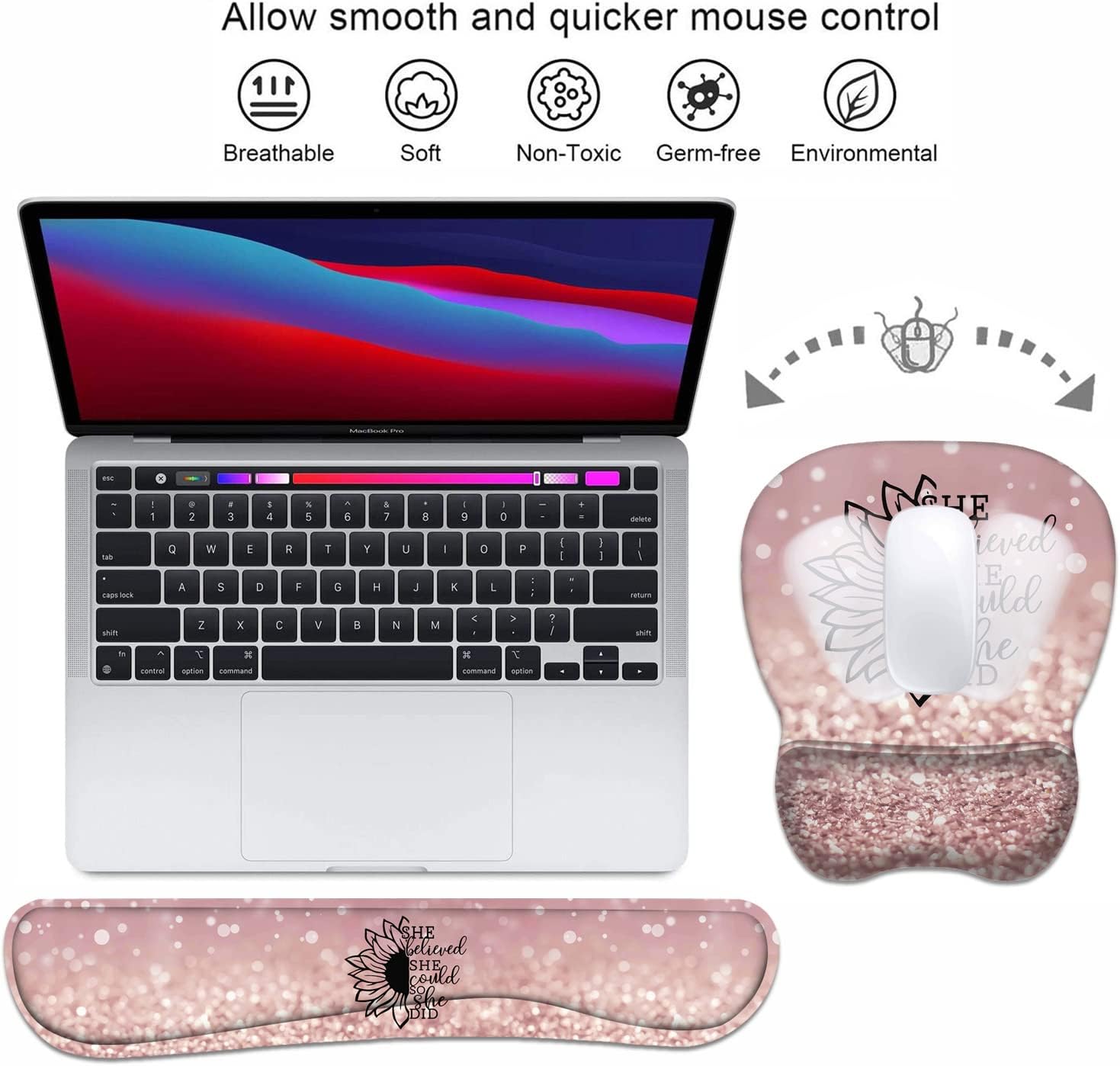 Mouse Pad Wrist Support and Keyboard Wrist Rest Set with Coasters, She Believed She Could So She Did Inspirational Quote with Non-Slip PU Base Ergonomic Mousepad for Home Office Working Studying