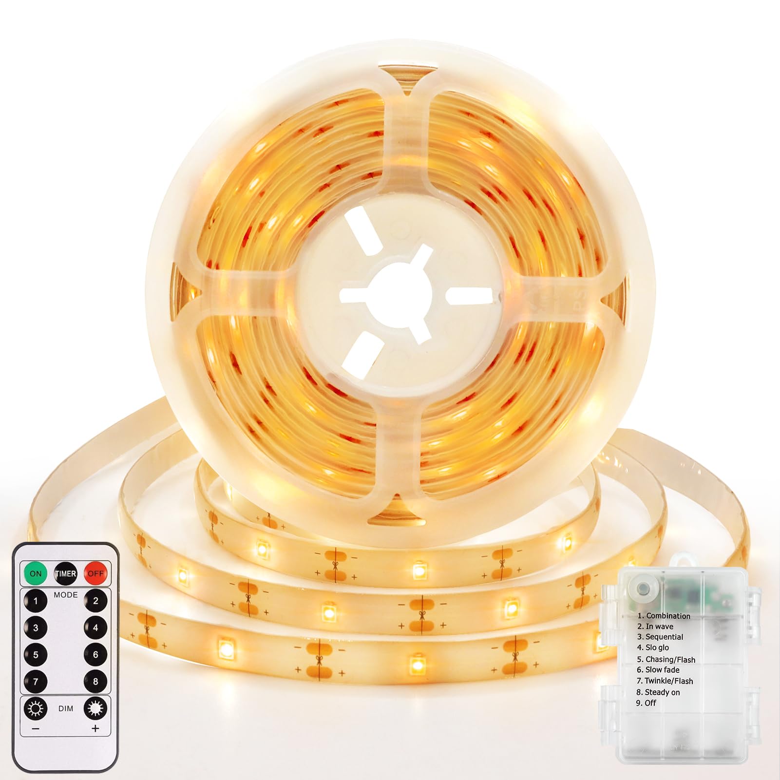 DBFAIRY 3 Meter LED Streifen mit Batterie, 90 LED Strip Batteriebetrieben mit Fernbedienung Timer, LED Lichtband für Schlafzimmer Zuhause Dekoration (Warmweiß)