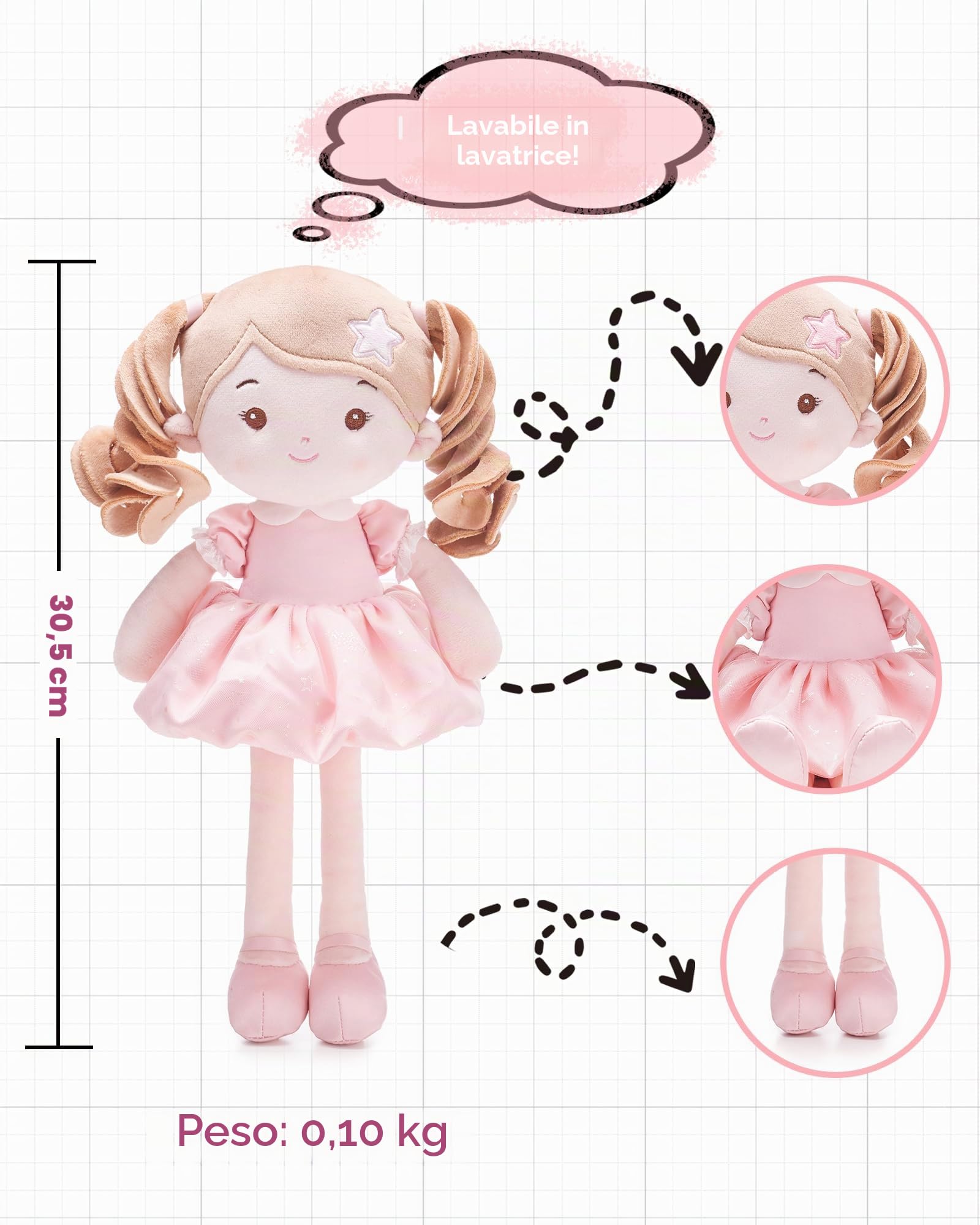 LeyaDoll Bambola morbida(12''), bambola bambina ideale come regalo bambino 1 anno, regalo di battesimo e Natale per bambina e neonati Daydream-Princess-Starlet-Light-Pink