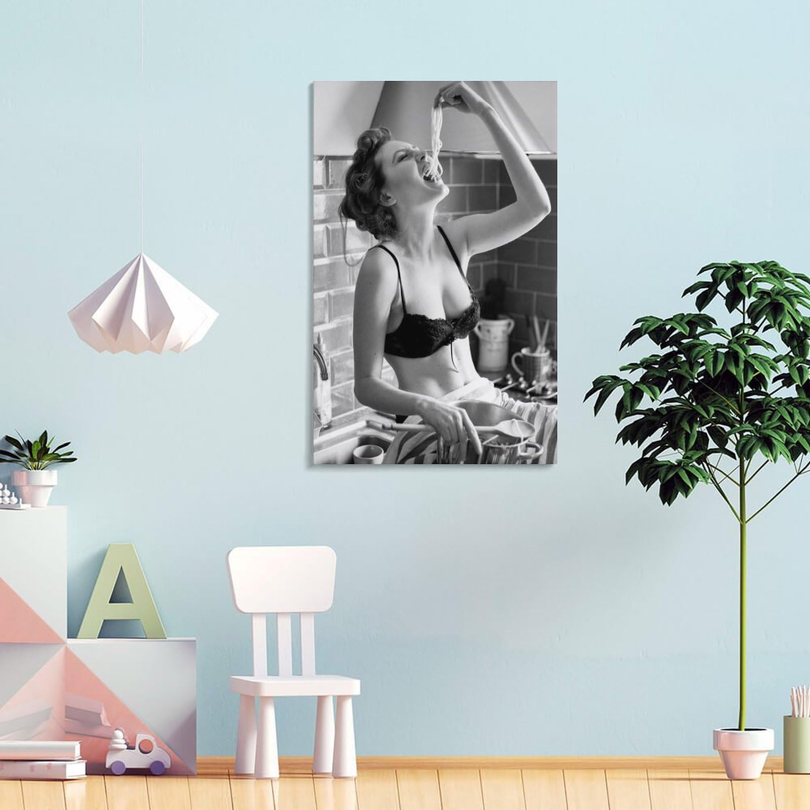LZTEN Spaghetti Girl Print, Spaghetti Woman Poster, Pasta Time Print, Pasta Moment Poster Scandi Prints, Barilla, Black And White Wall Art Black And White R