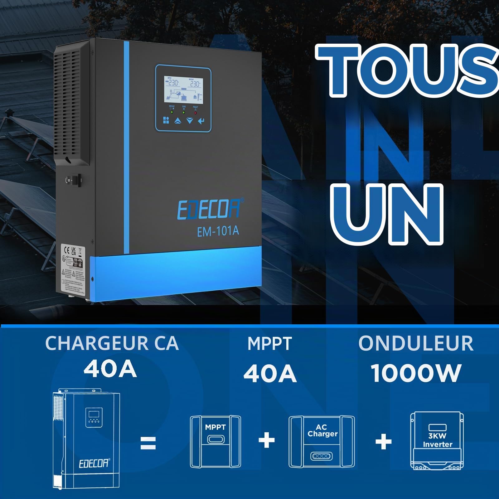 EDECOA Onduleur Hybride 1000W 12V 230V Chargeur Solaire MPPT 40A Onde Sinus Pures 20-150Vdc Hors Rseau Chargeur de BMS Batterie Contrôleur de Charge Solaire