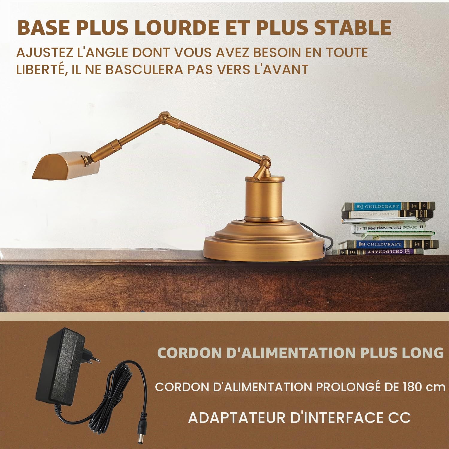 Lampe Piano LED CRI95+ Double Bras Réglable Tactile, Dimmable 3 Températures 3000K-6000K, Bronze Laiton Vieilli pour Piano Pupitre Bureau Salon