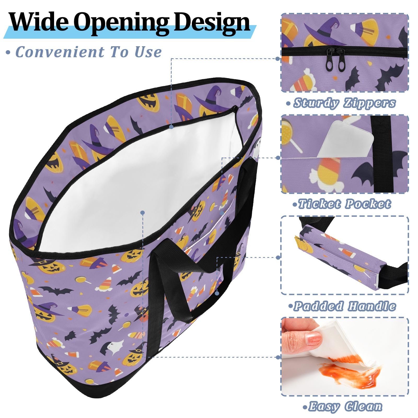 Bonita bolsa térmica aislada con patrón de Halloween, bolsas de compras reutilizables con cremallera, bolsa térmica grande portátil para viajes o camping