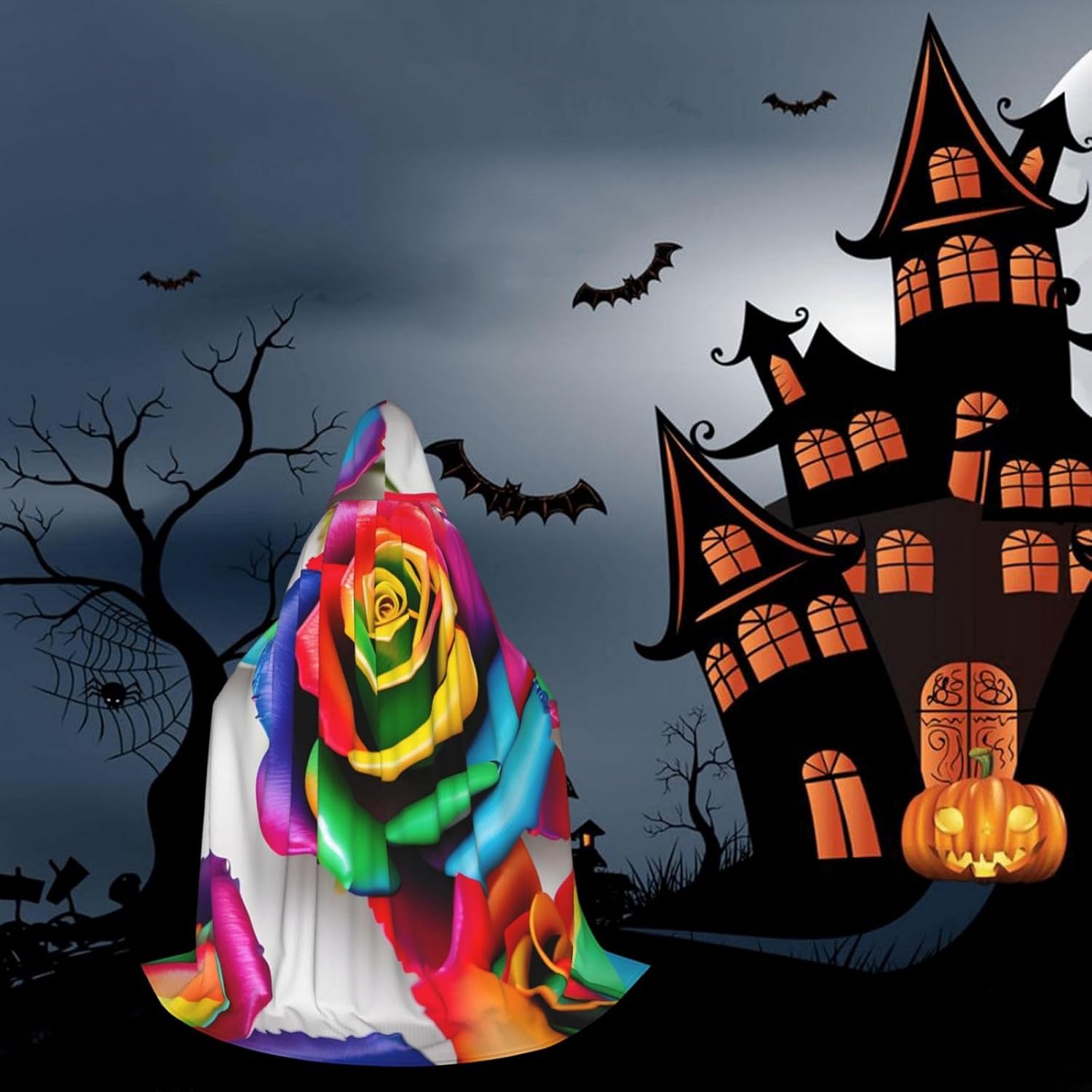 Rainbow Rose Flower print Wizard Hooded Robe Medieval Cape Renaissance Cloak for Men Women Halloween Costume