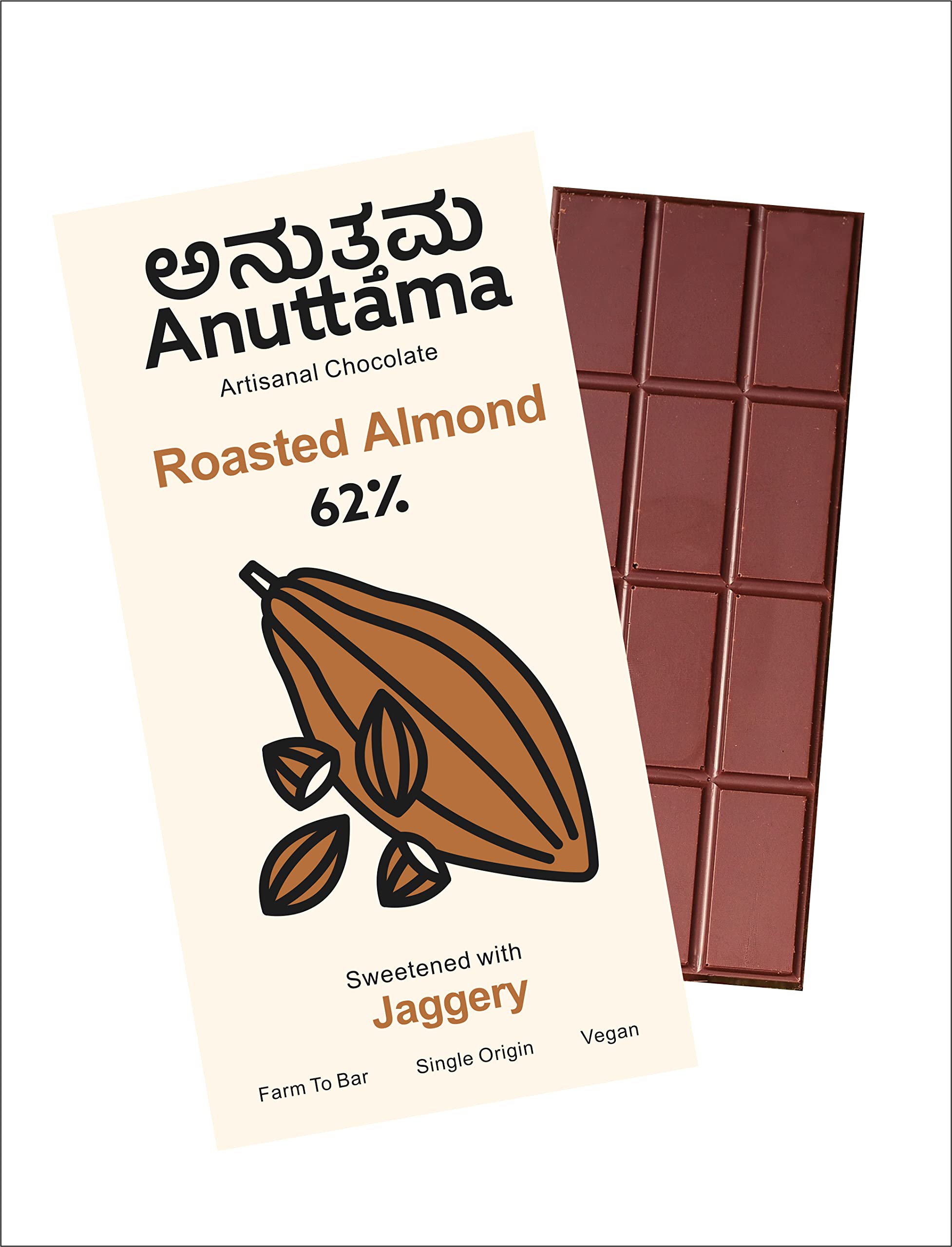 Dark Chocolate Bar (50g x 2) 62% Cocoa | Sugar Free Dark Chocolate | Roasted Almond | Gluten-Free Natural Chocolate Bar | No Artificial Colour & Flavour | Chocolate for Gift