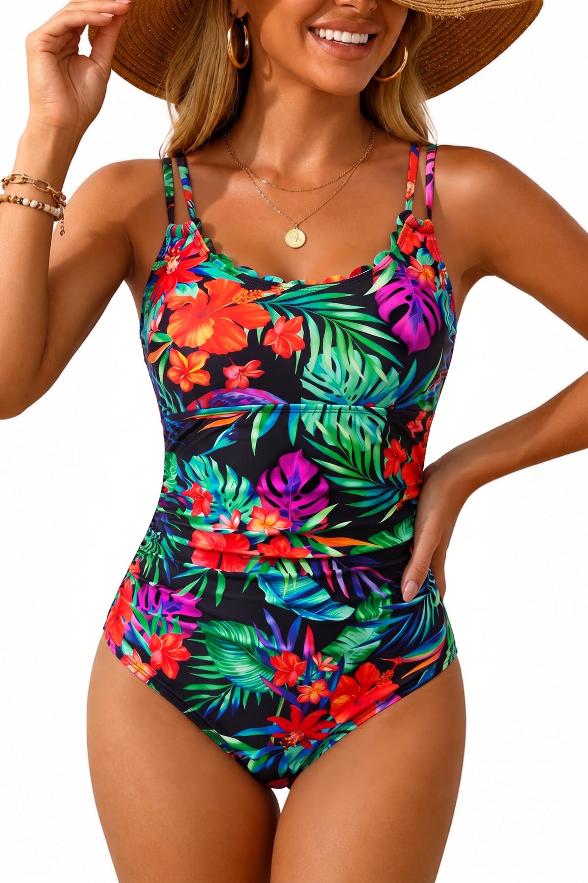 Daci Women's Tummy Control One Piece Scalloped Neck Bathing Suit