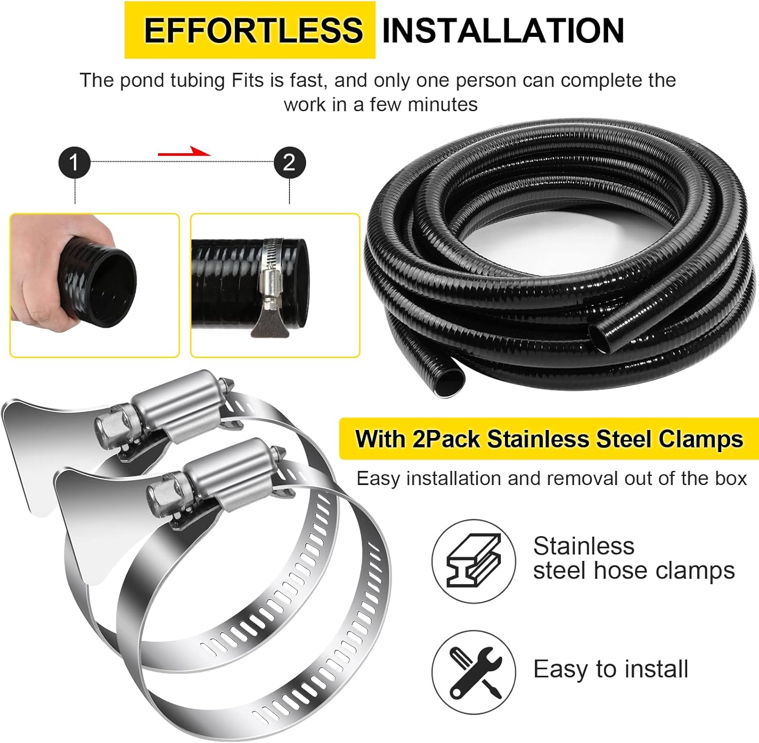Flexible PVC Pipe ID1.5" Black PVC Pipe, ID1.5" x25 feet Pool Hose,Spa Hose Tubing for Koi Ponds, Pond Tubing,Irrigation and Water Gardens,With 2PCS Stainless Steel Clamps
